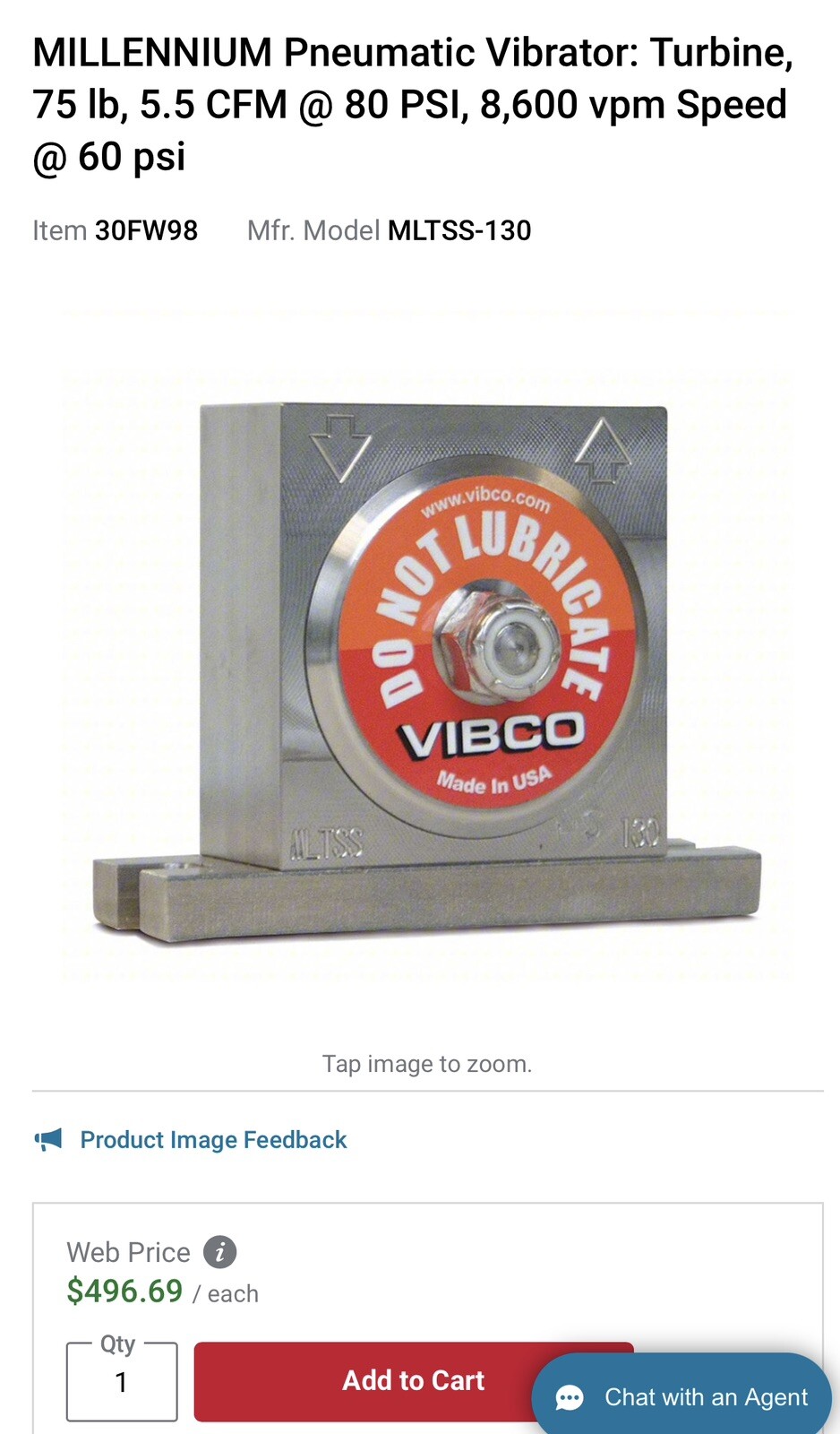 MILLENNIUM MLTSS-130 Silent Turbine Vibrator,75 lb.