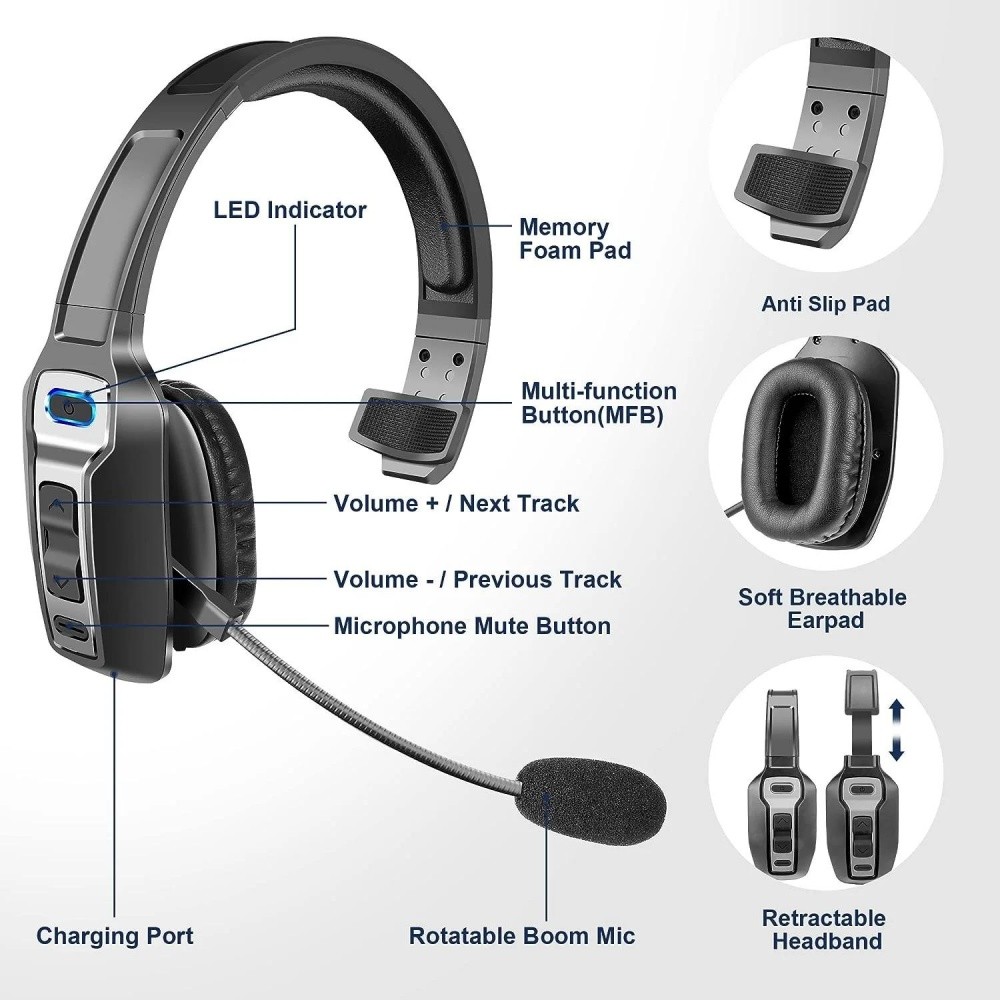Wireless Trucker Bluetooth Headset with Microphone, for Home Office Remote Work