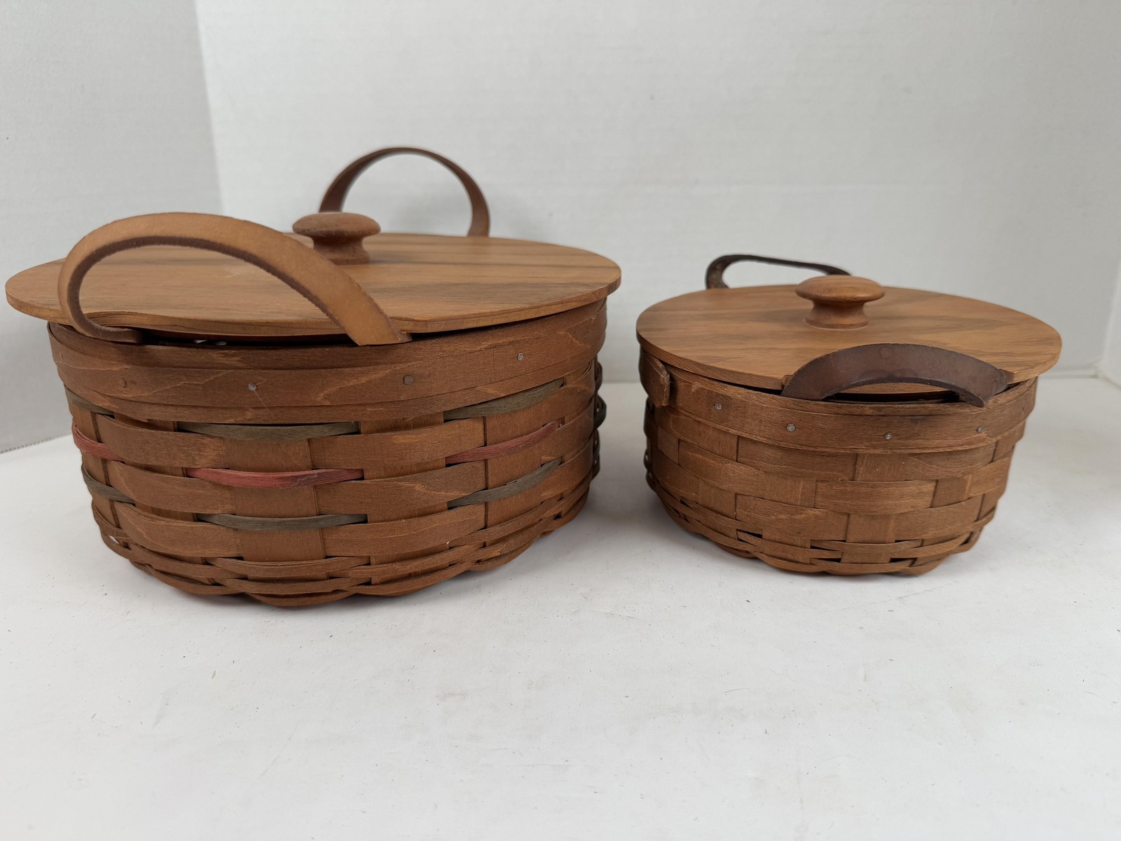 Longaberger Lidded Baskets Set of 2 Handwoven Leather Handles USA Wood Lids