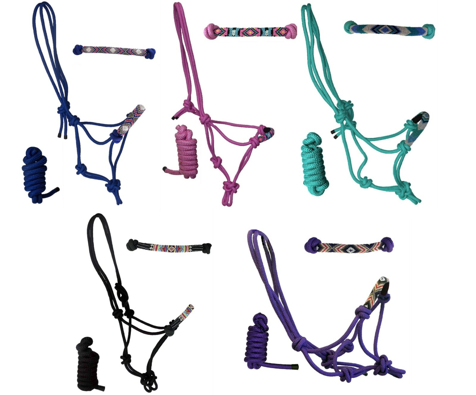 Full Size Nylon Rope Beaded Nose Halter w Detachable Lead Rope