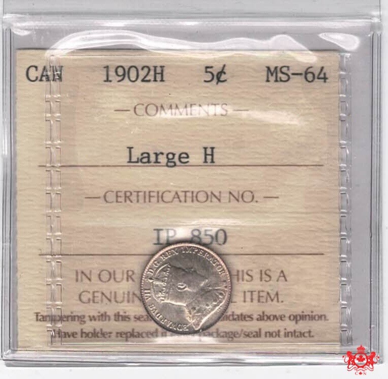 1902H Canada 5 Cents Large H - ICCS MS64 - IP 850