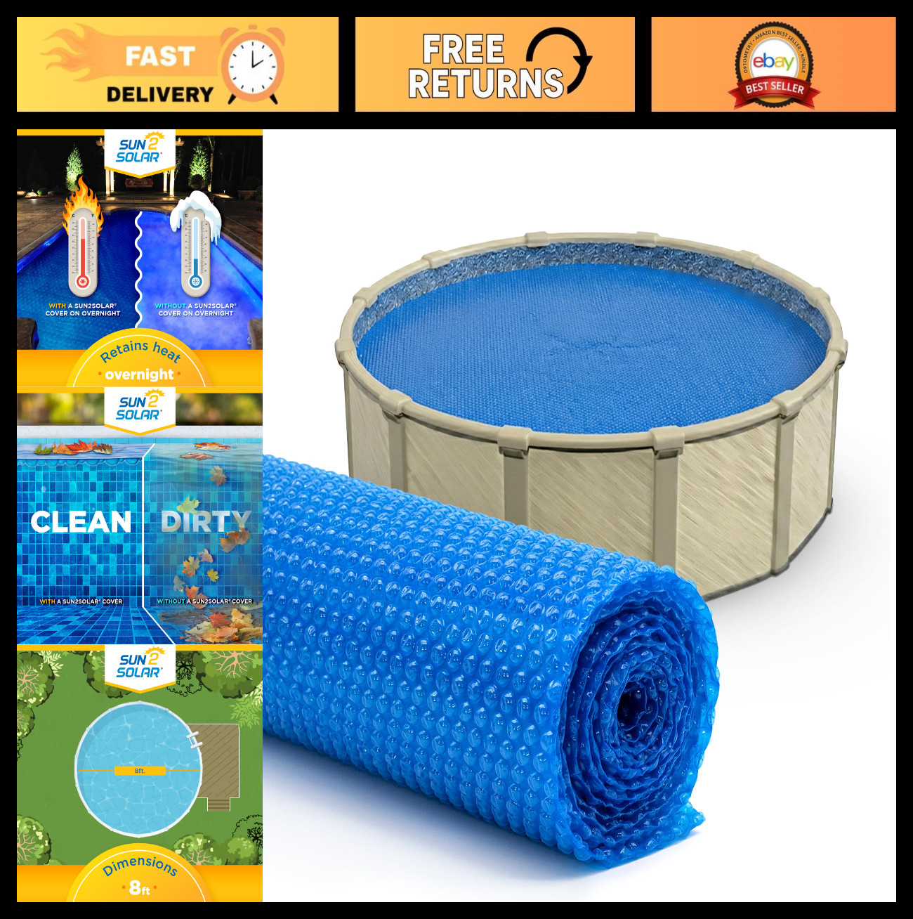 8 ft Round Solar Pool Cover | 12 Mil Thermal Heating Blanket | Heat Retaining |