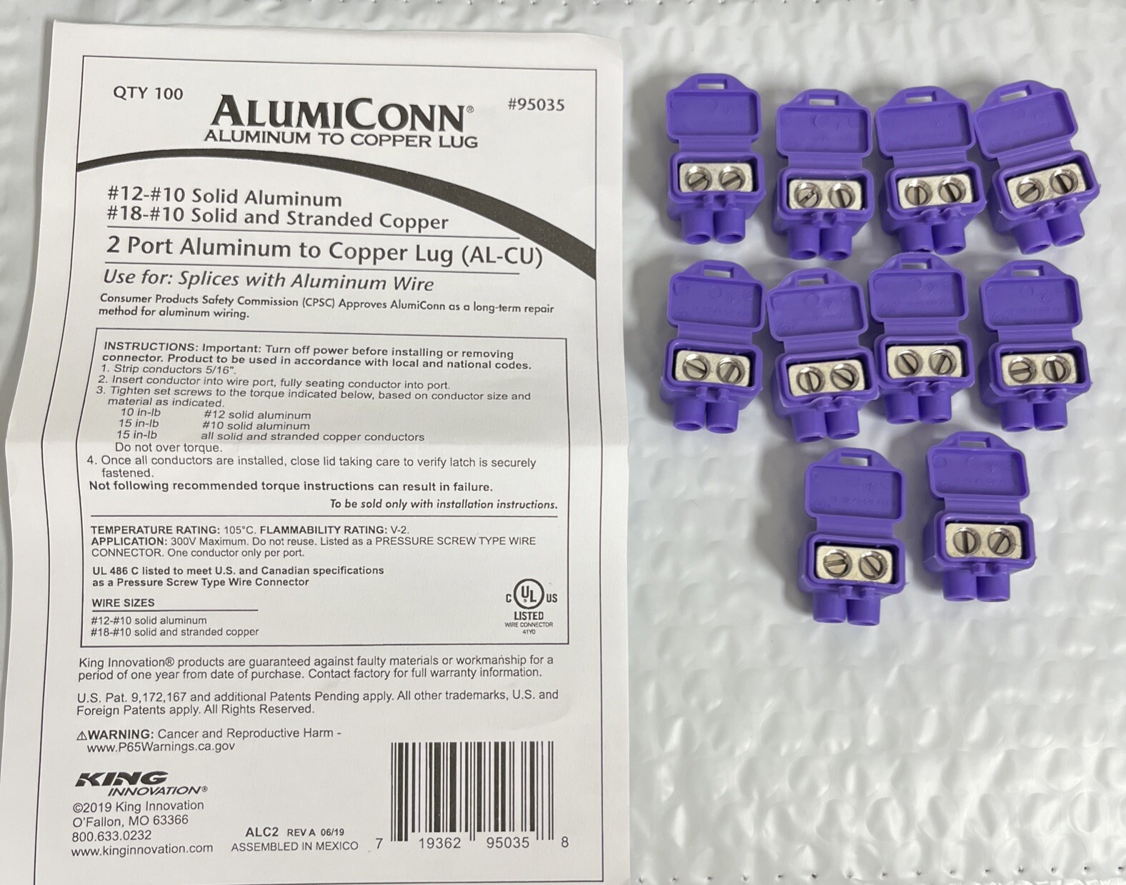 King Innovation Aluminum to Copper Lug, 2 Port, 12 - 10 AWG Solid Aluminum (10PK