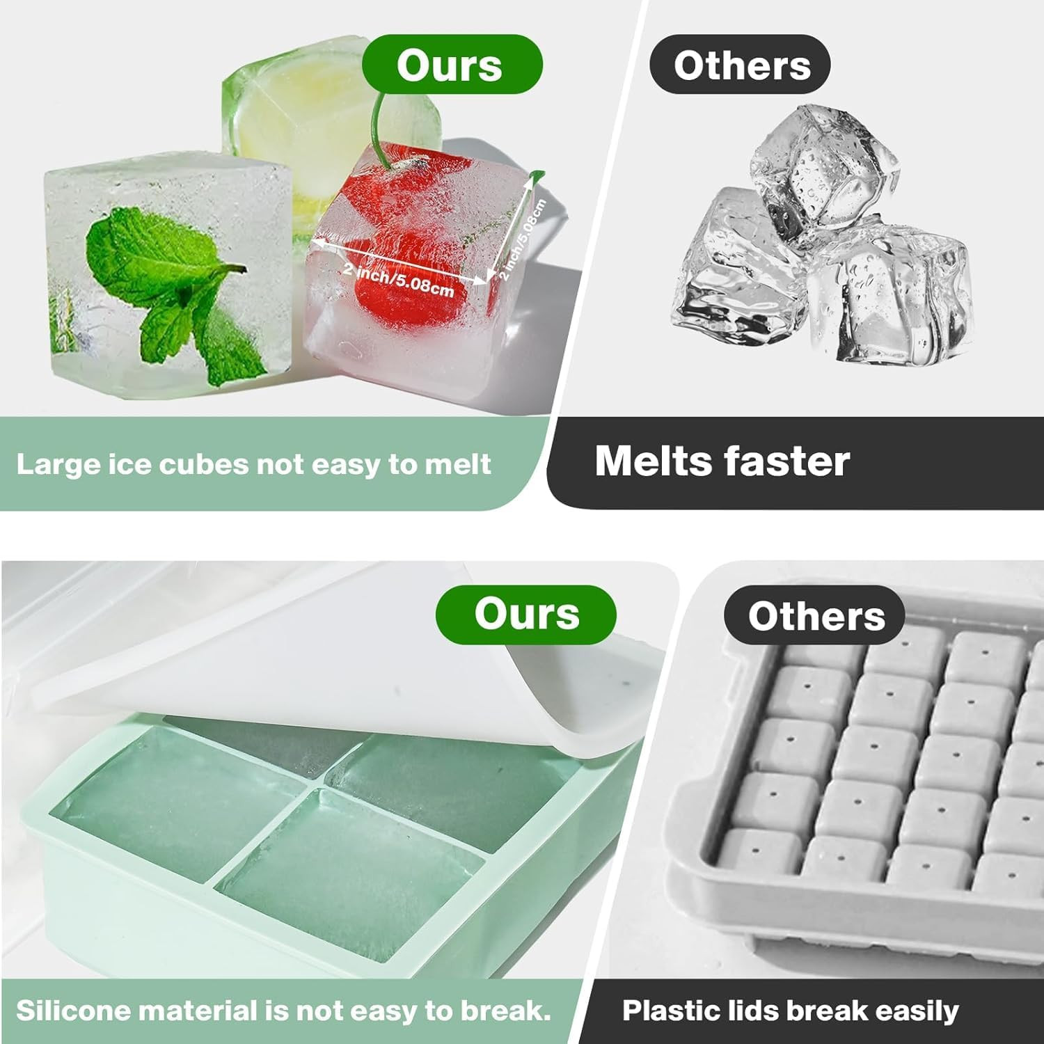 Large Ice Cube Tray for Whiskey, 2 Pack Big Square Ice Cube Molds, 2 inch Sil...