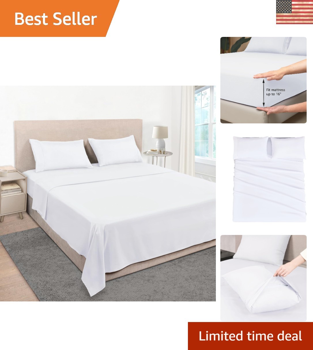 Full Size Hotel Luxury 1800 Thread Count White Sheet Set - 4 Piece, 16 Inch Deep