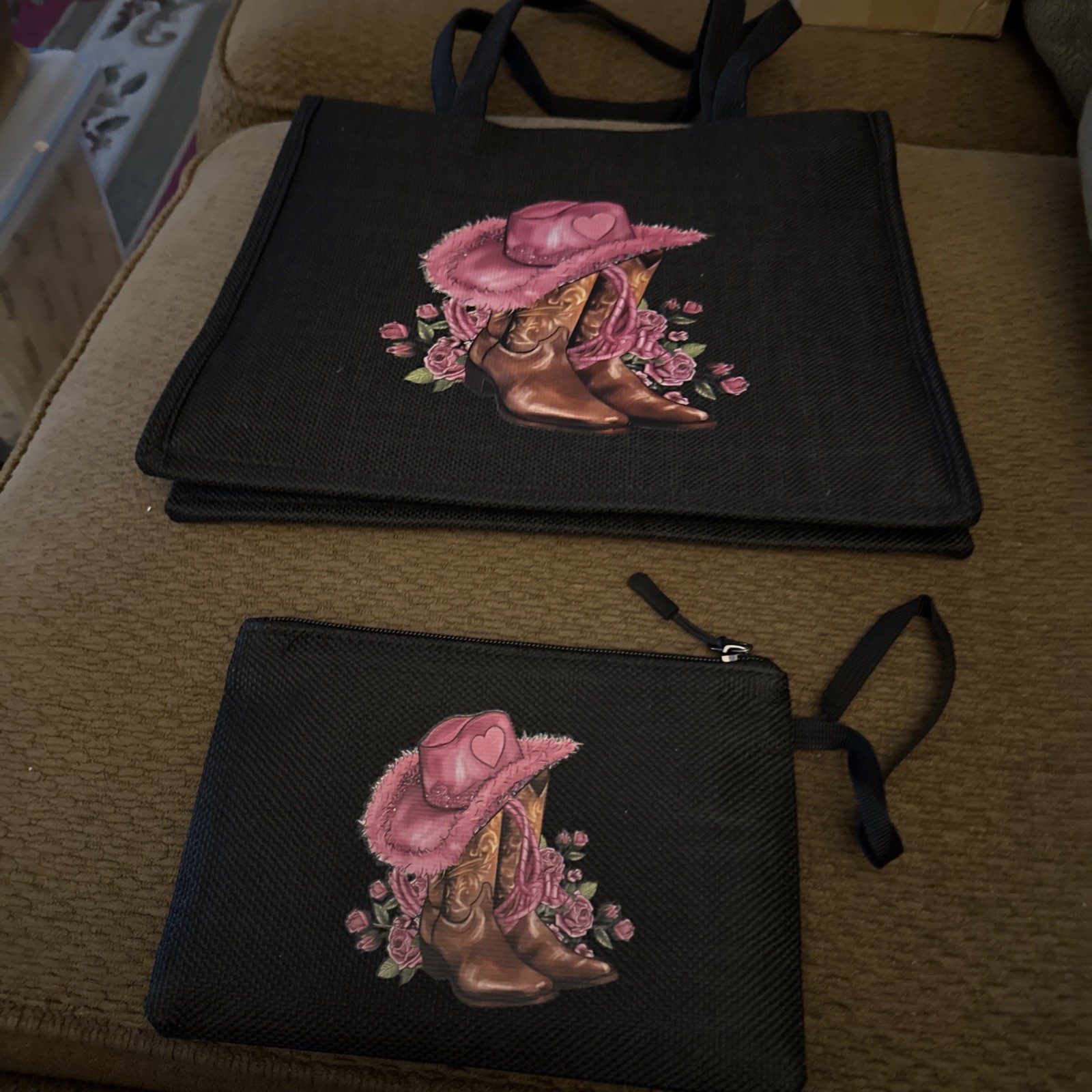 2 Piece Tote/makeup Bag “Hats  And Boots” Themed Adorable Themed Set