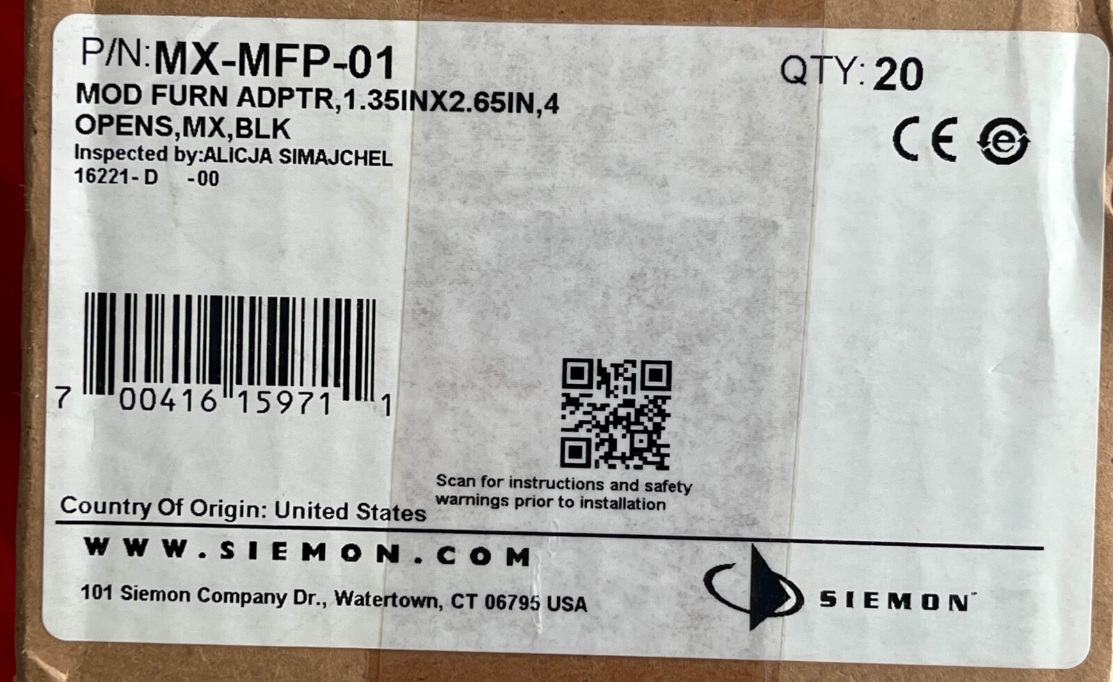 (20) Siemon MX-MFP-01, 4 Port, Modular Furniture Adapter 1.35in x 2.65in,(Black)