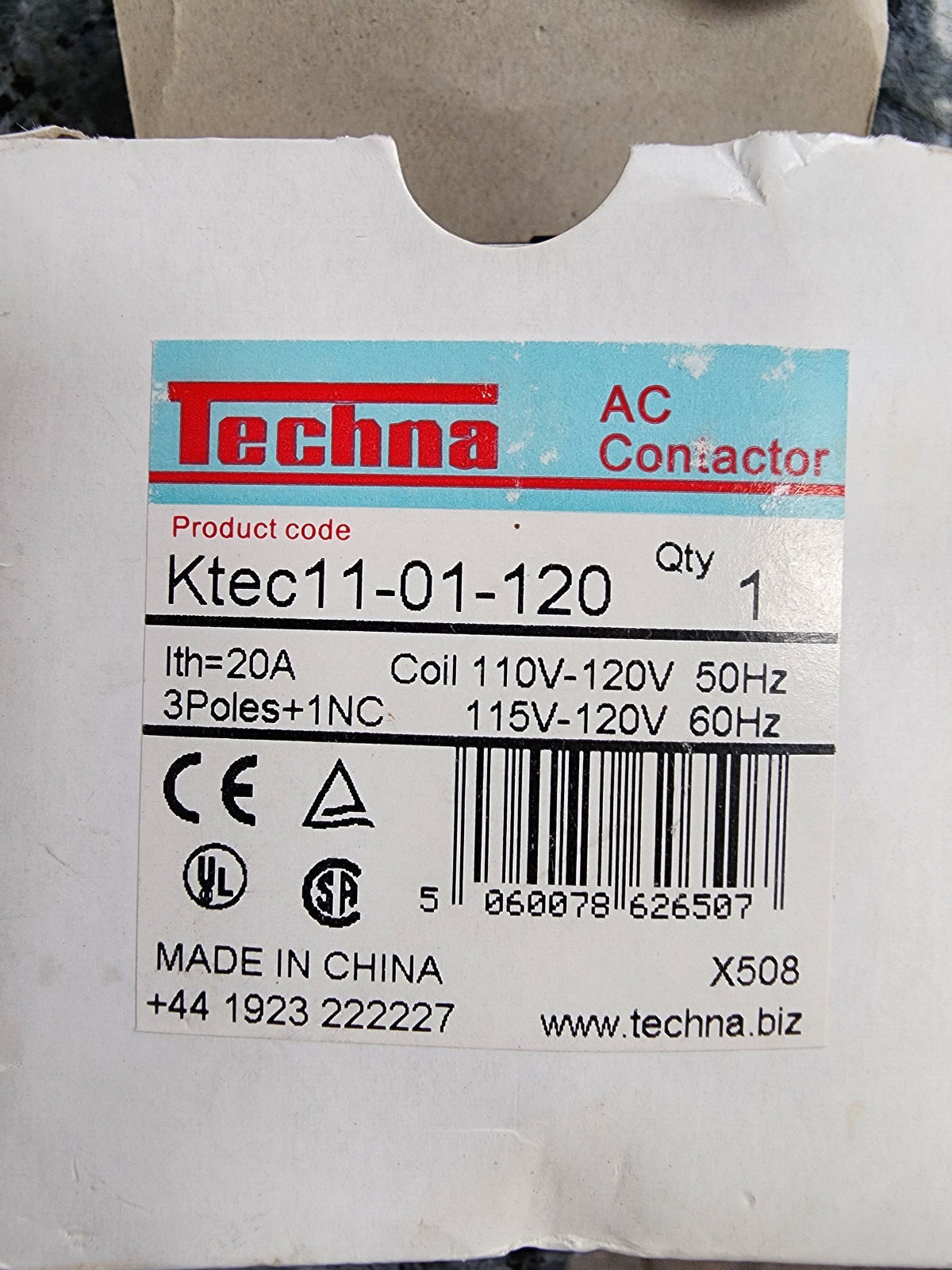 Techna KTEC11-01-120, 20 amp, 3 pole, 1 NO Aux pole