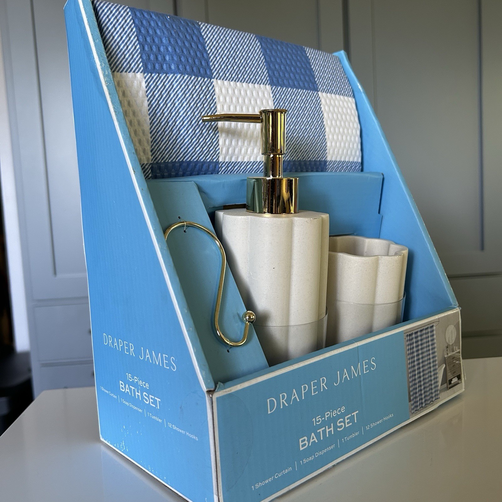 James Draper Glen Resin Bathroom Set 15 Piece in Blue Gingham