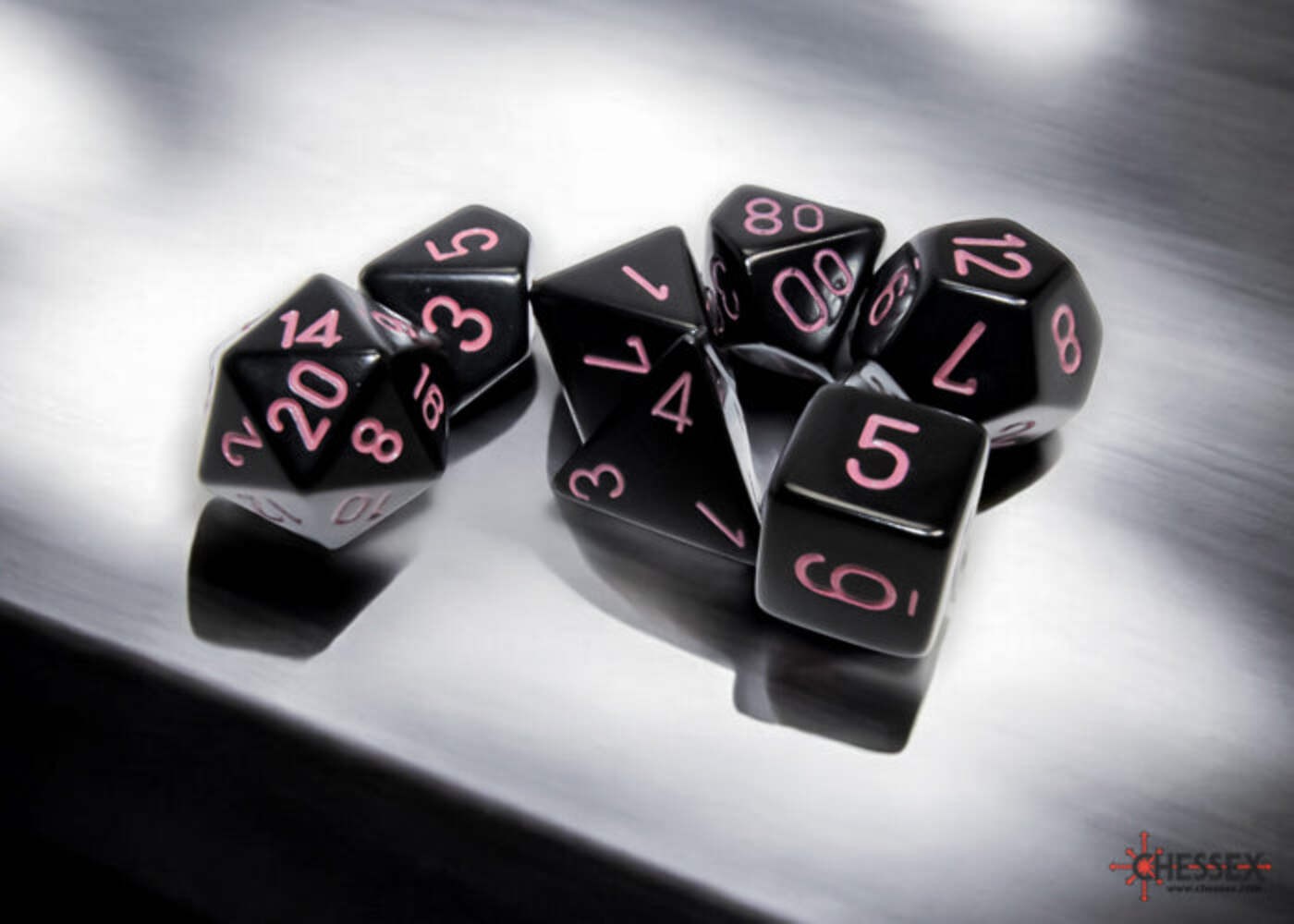 Chessex - Opaque Black/pink Polyhedral 7-Dice Set