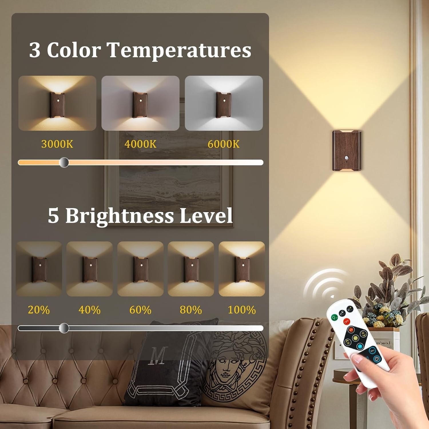 Rechargeable Motion Sensor Wall Light - 3 Colors Battery Powered Wireless Wal...