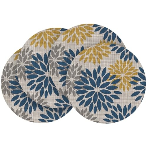Navy Yellow Dahlia Plastic Round Placemats Set of 14", Round 4 Pcs Blue/Yellow