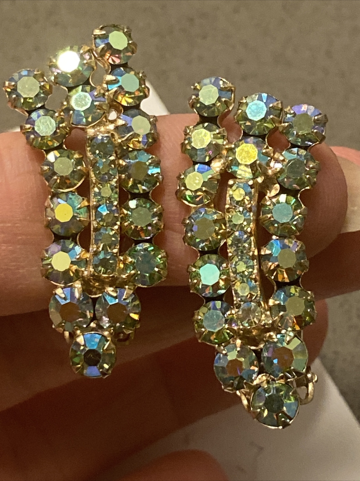 Art Deco Clip On Earrings  1960s Aurora Borealis Rhinestones