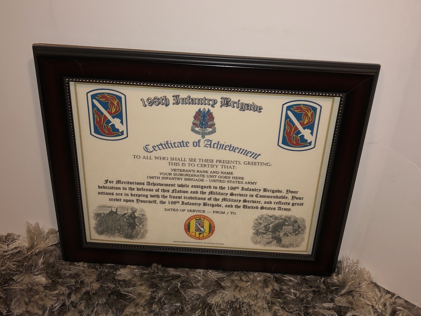 198TH INFANTRY BRIGADE - COA / (COMMEMORATIVE CERTIFICATE)