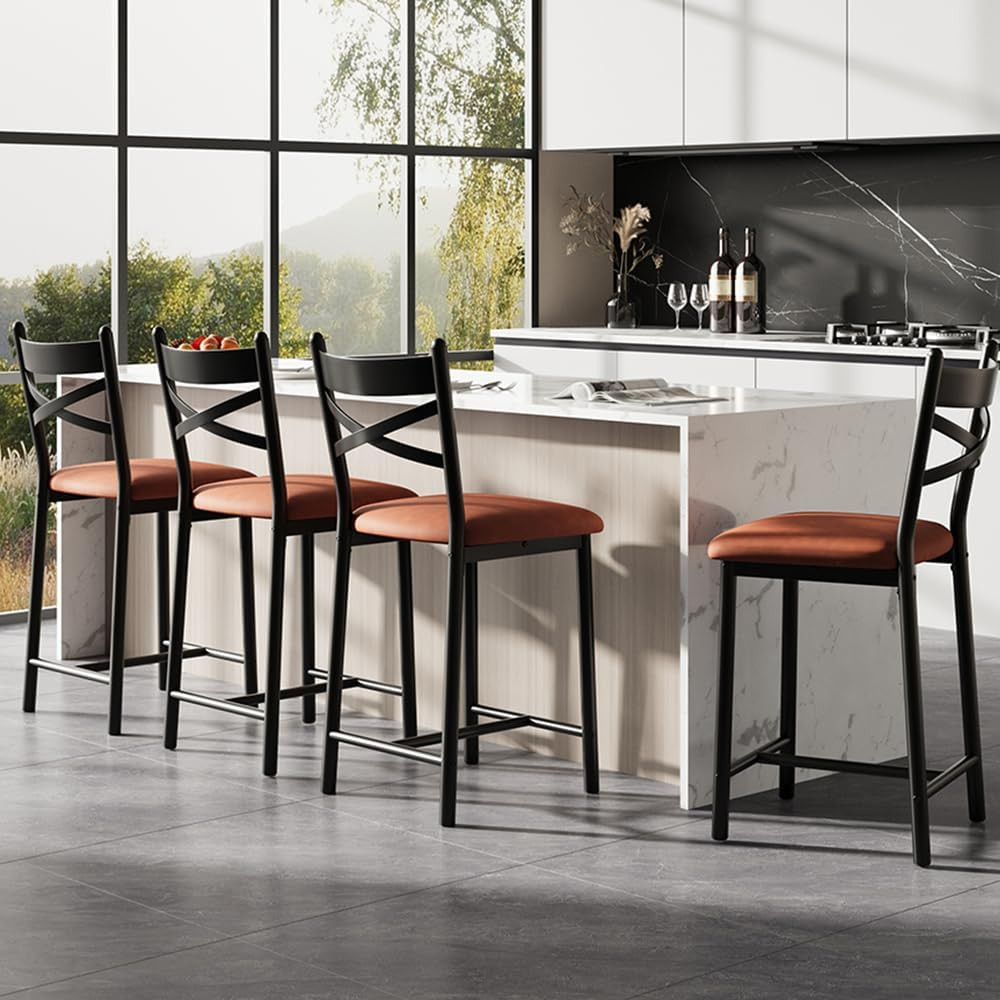 Modern Brown Bar Stools Set of 4 with Back and Thick Cushion for Dining Room