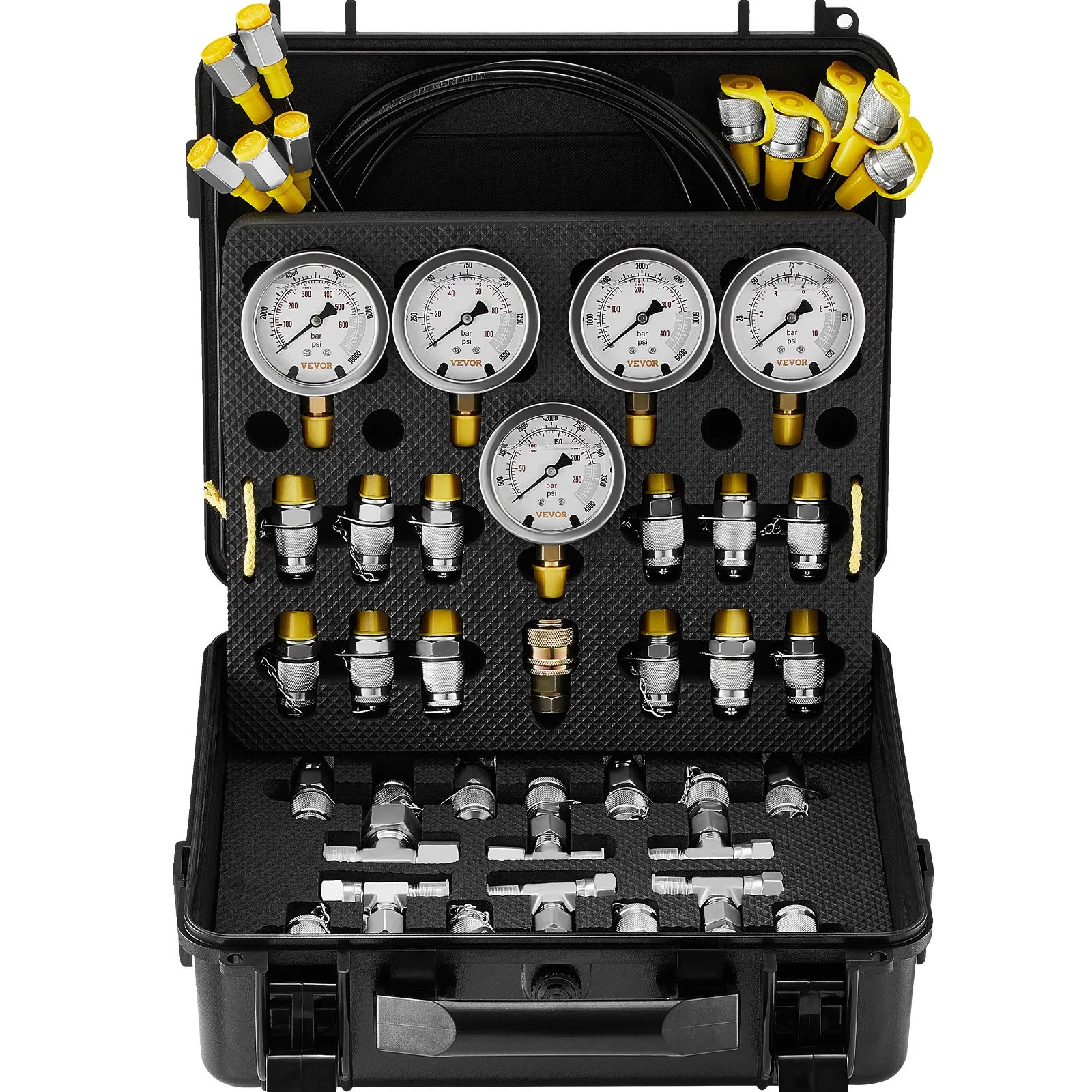 Hydraulic Pressure Test Kit, 5 Gauges 13 Couplings 14 Tees & Hoses, 10–600 Bar
