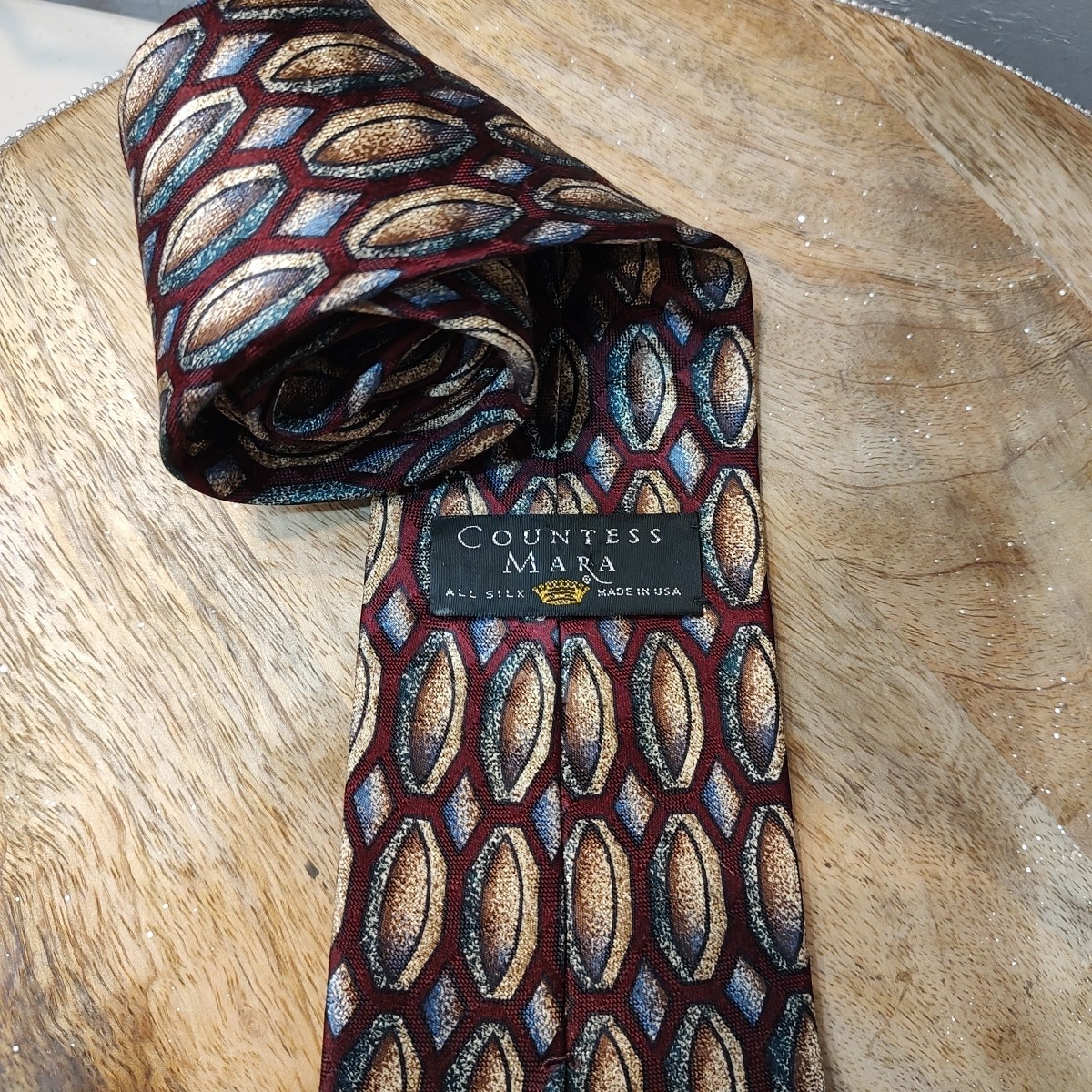 Countess Mara 100% Silk Tie Maroon Geometric Men's Designer Necktie Made in USA