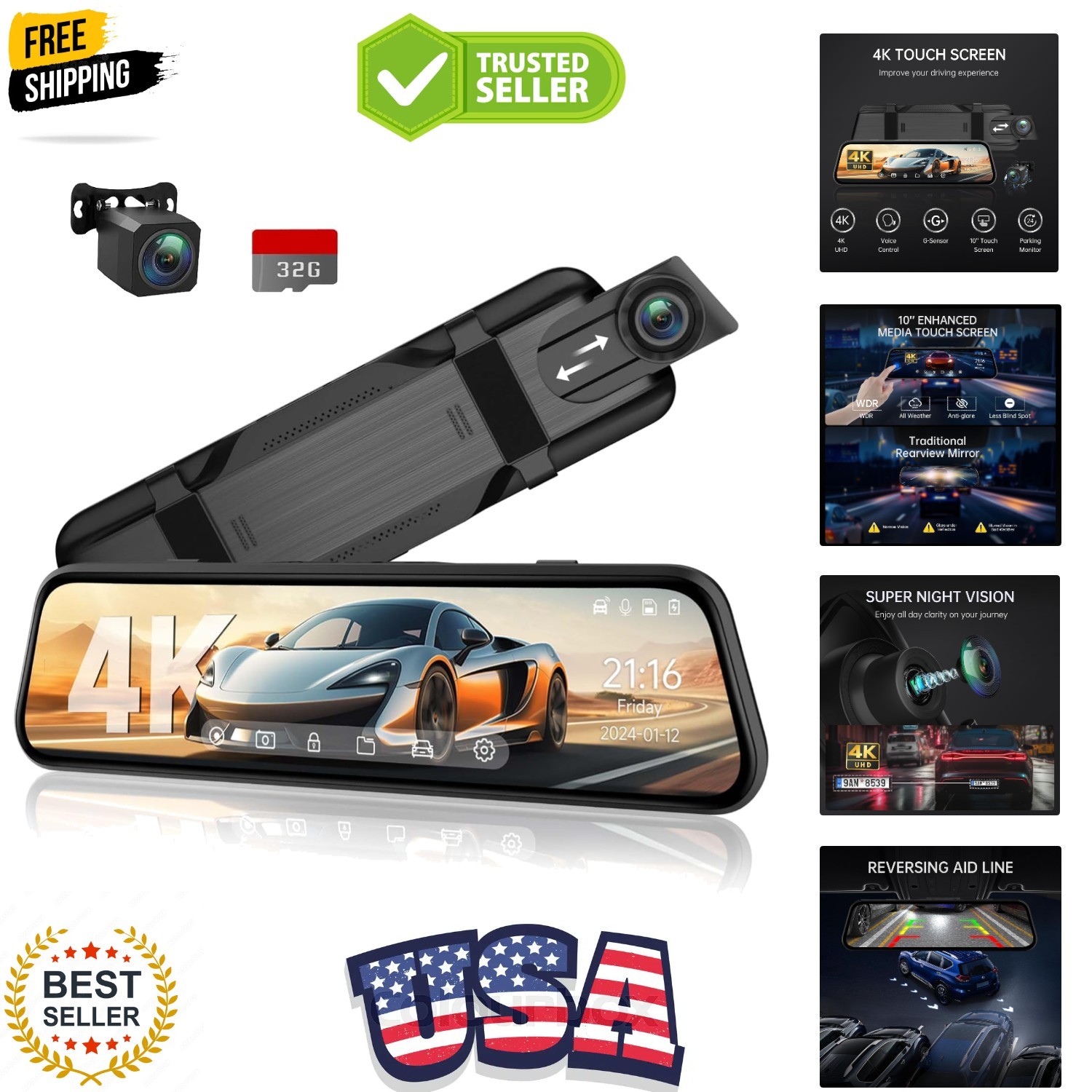 VT10 4K Mirror Dash Cam Front and Rear, 10" Touchscreen for Cars | 1080P Back...