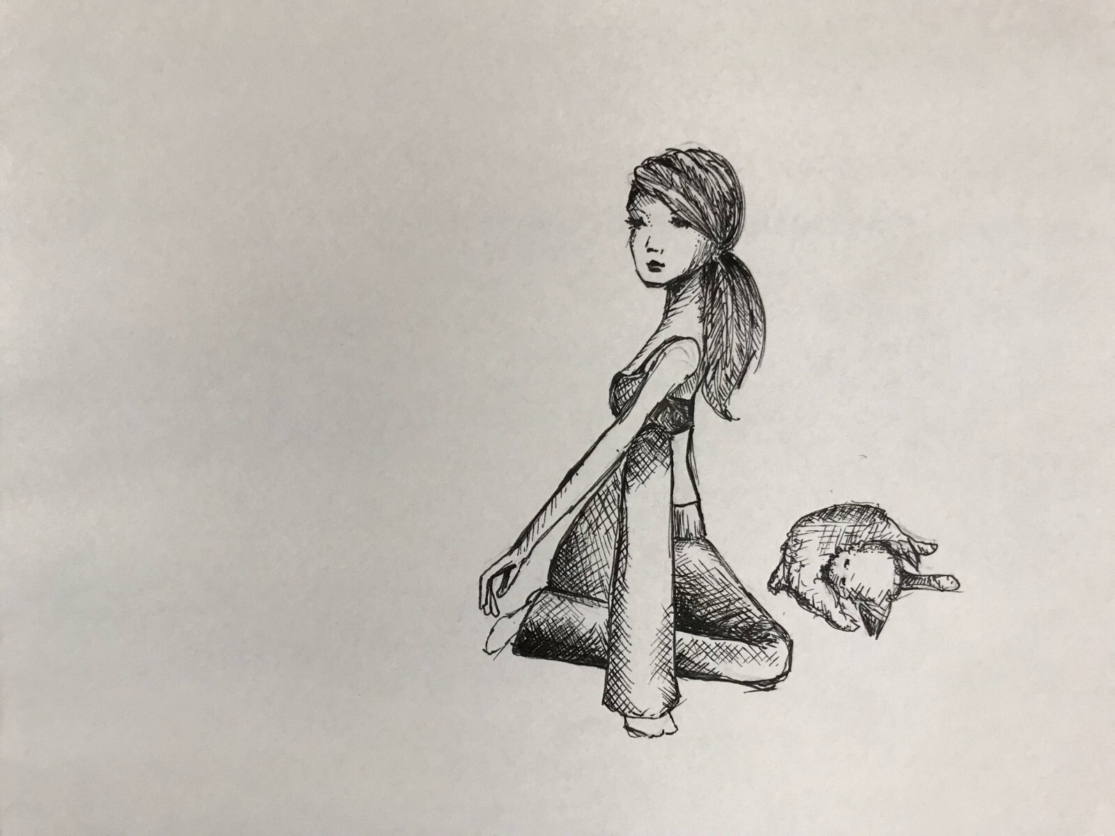 Original ink Drawing On Paper Matted Yoga Girl Illustration Yorkie dog 11x14