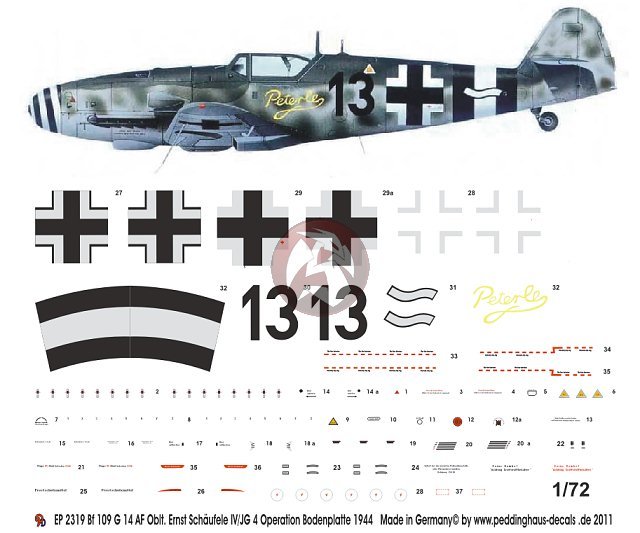 Peddinghaus 1/72 Bf 109 G-14/AS Markings Ernst Schaufele 14./JG 4 Germany 2319