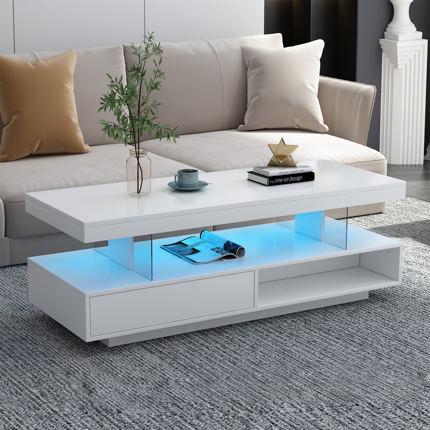 High Gloss LED Coffee Table Modern Side End Table w/ LED Lights & 2 Drawers US