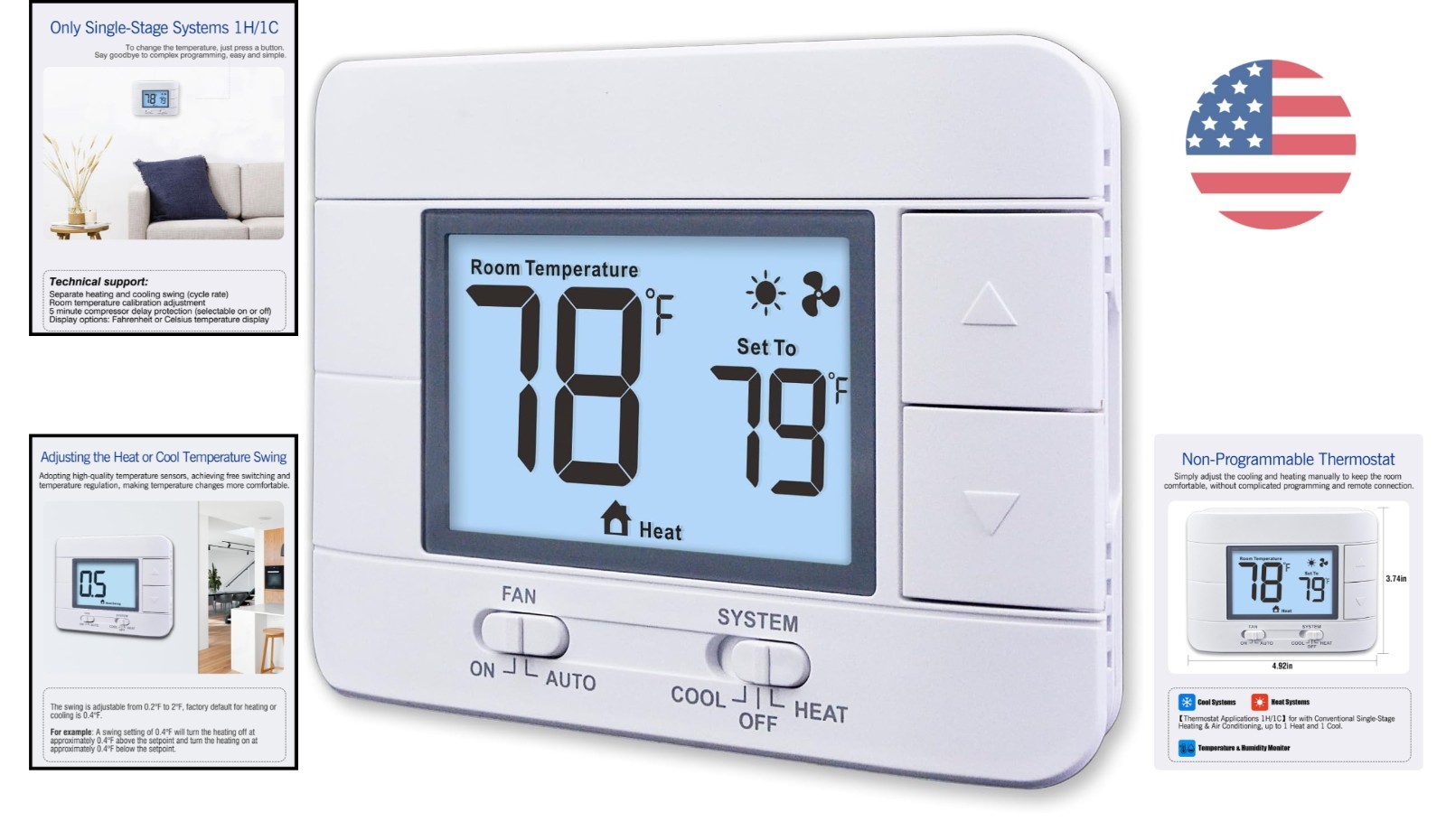 Precision Temperature Control Non-Programmable Thermostat with Humidity Display