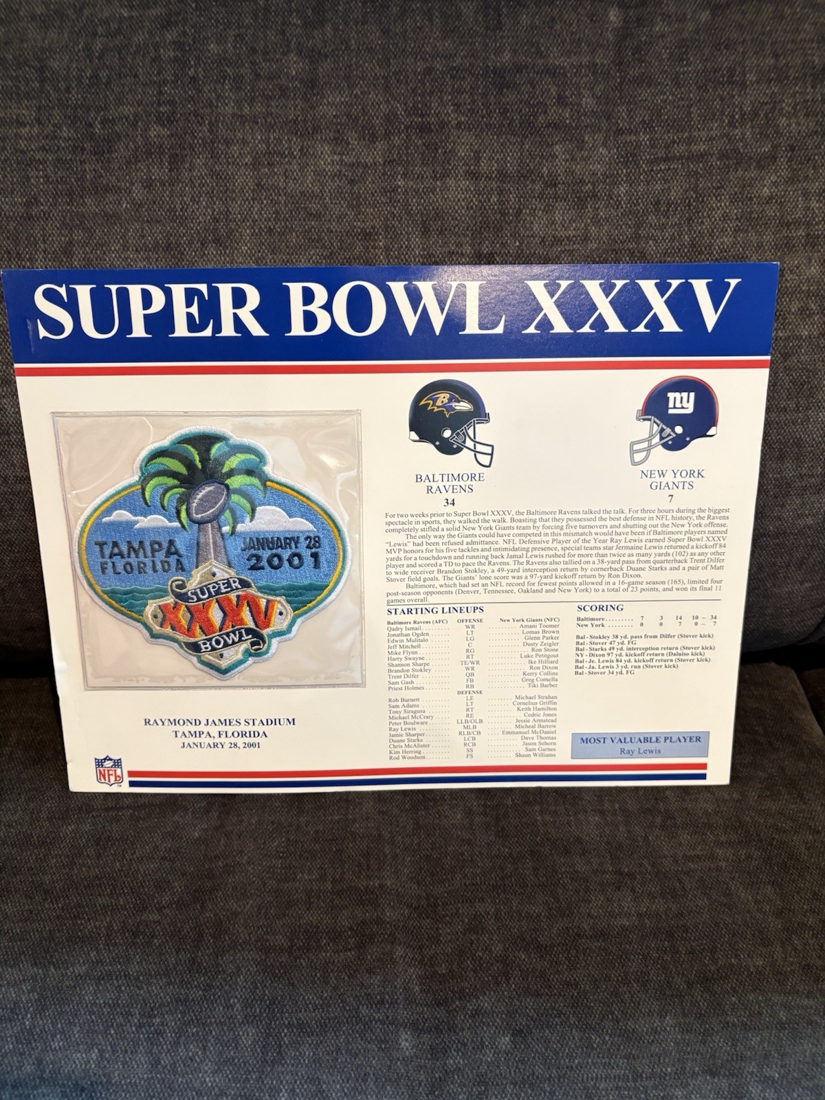RARE VINTAGE🏈”SUPER BOWL”XXXV FOOTBALL PATCH AND STAT CARD👀LQQK👀