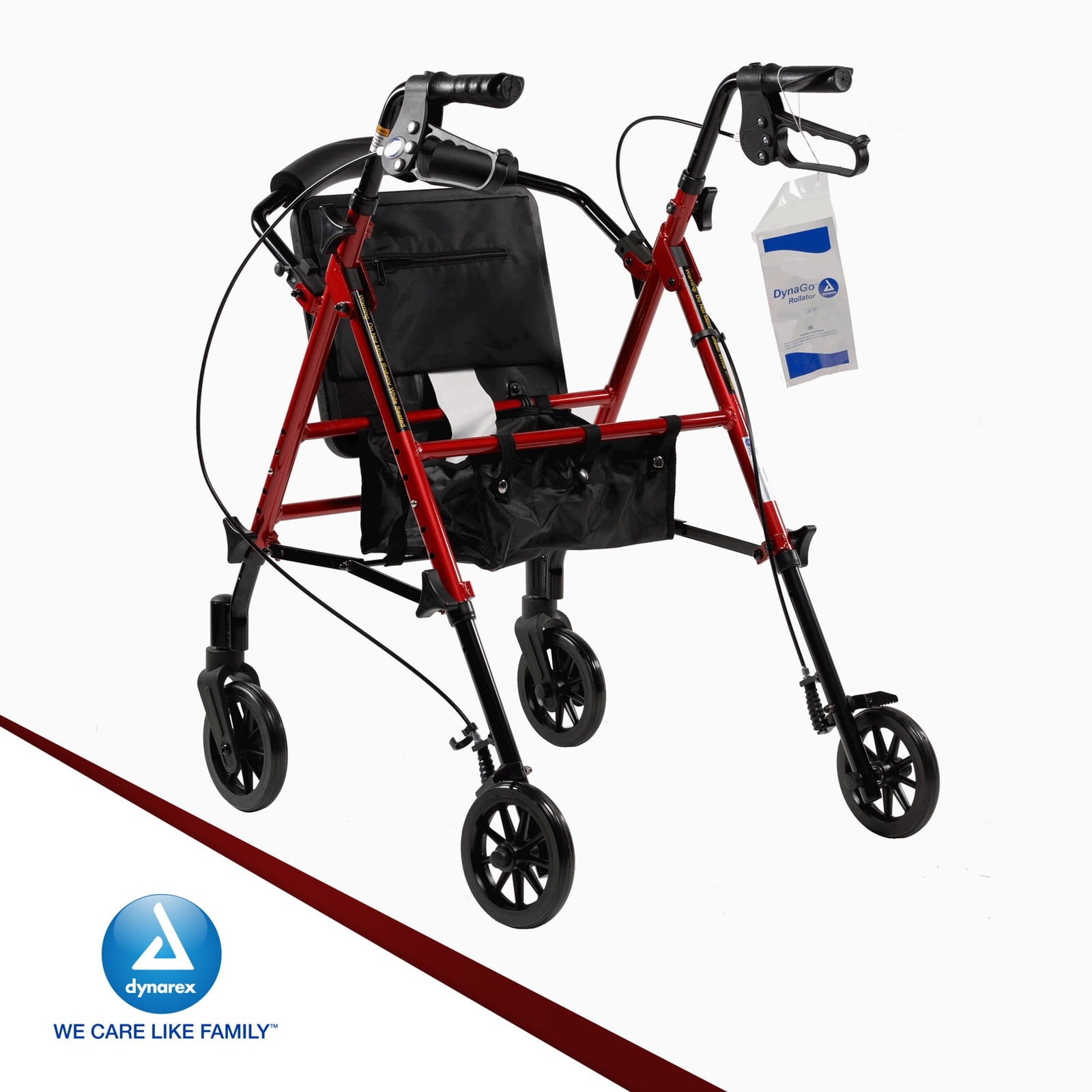 Dynarex DynaGo Flex Rollator, 6" Wheels, Adjustable Seat Height, Red Frame