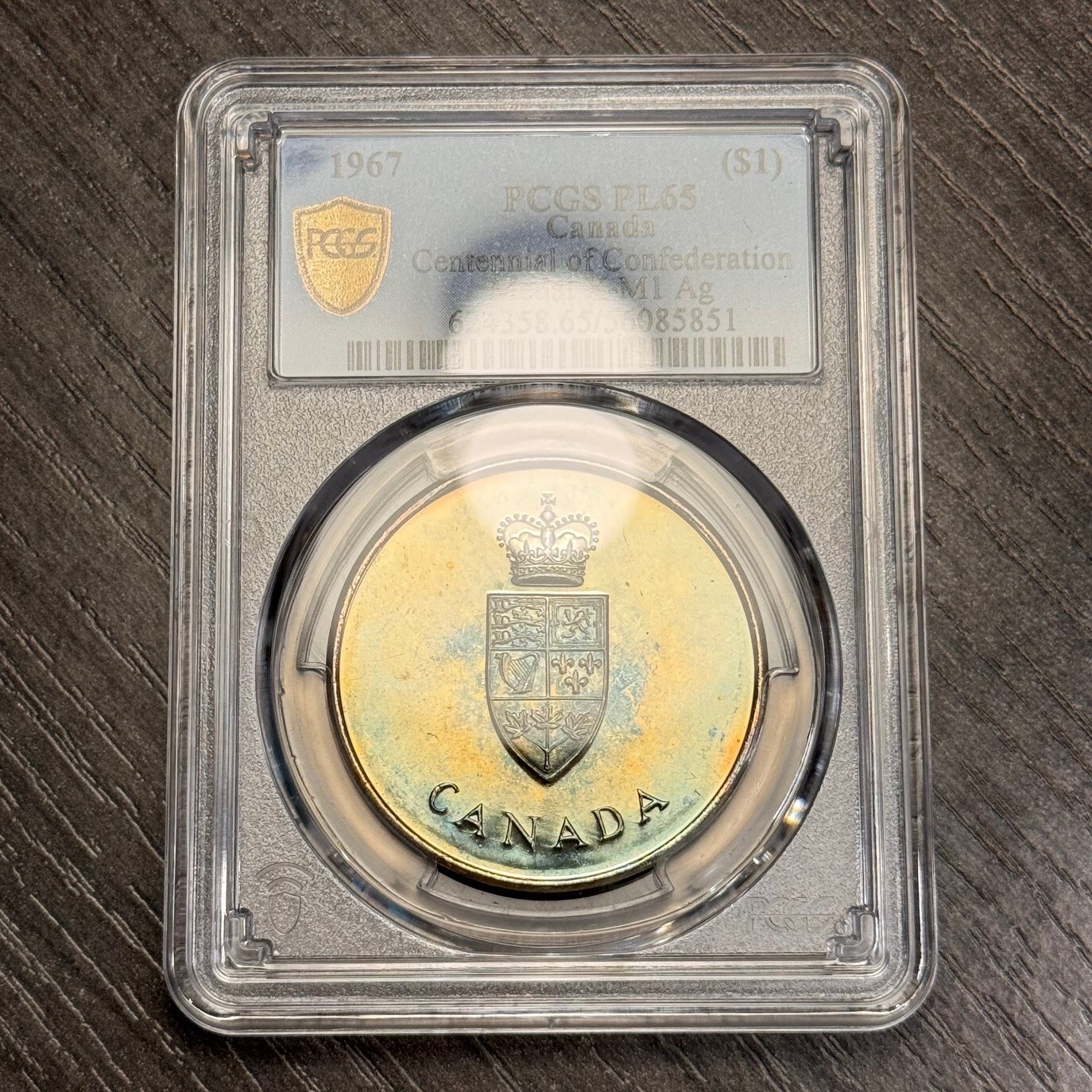 PL65 1967 Canada Silver Centennial Proof Medal, PCGS Trueview- Rainbow Toned