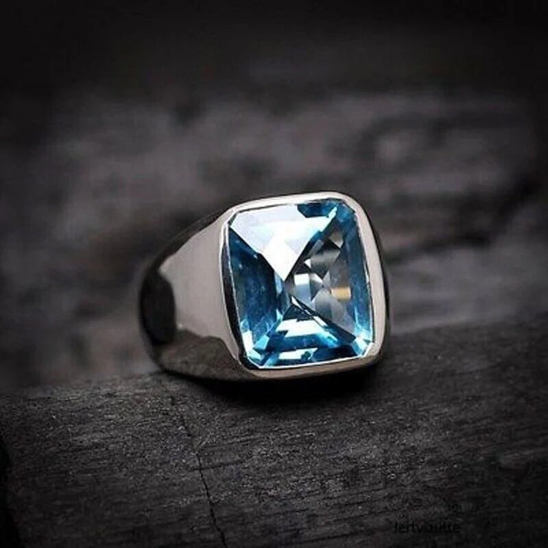 Men’s Aquamarine Signet Ring 925 Sterling Silver  Radiant Cut Blue Gemstone Ring