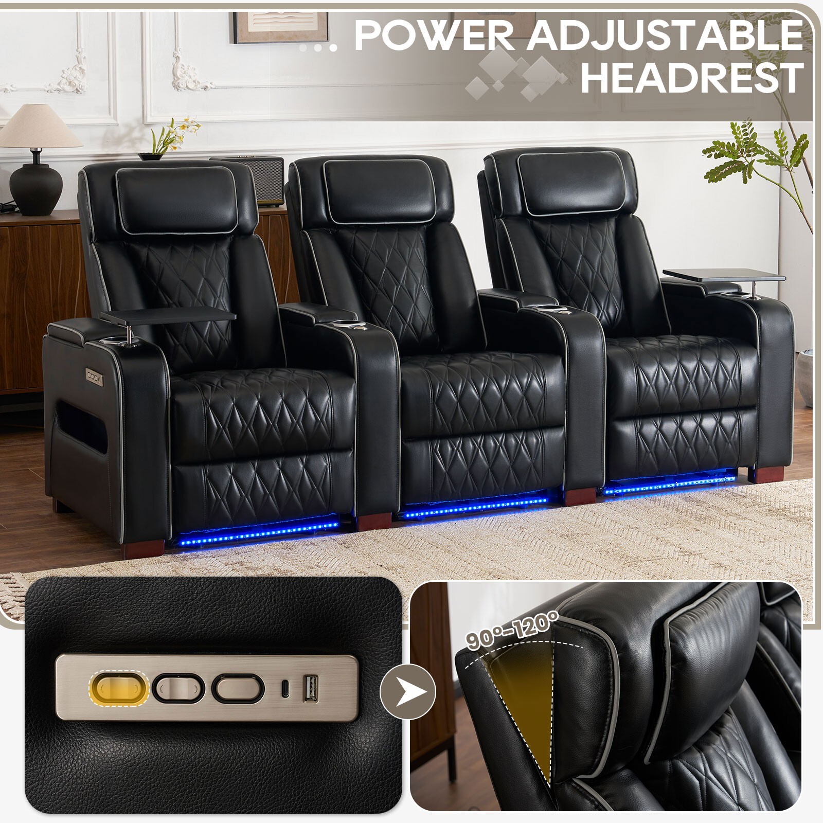 Home Theater Seating Power Recline Sofa With Powered Headrests, Table