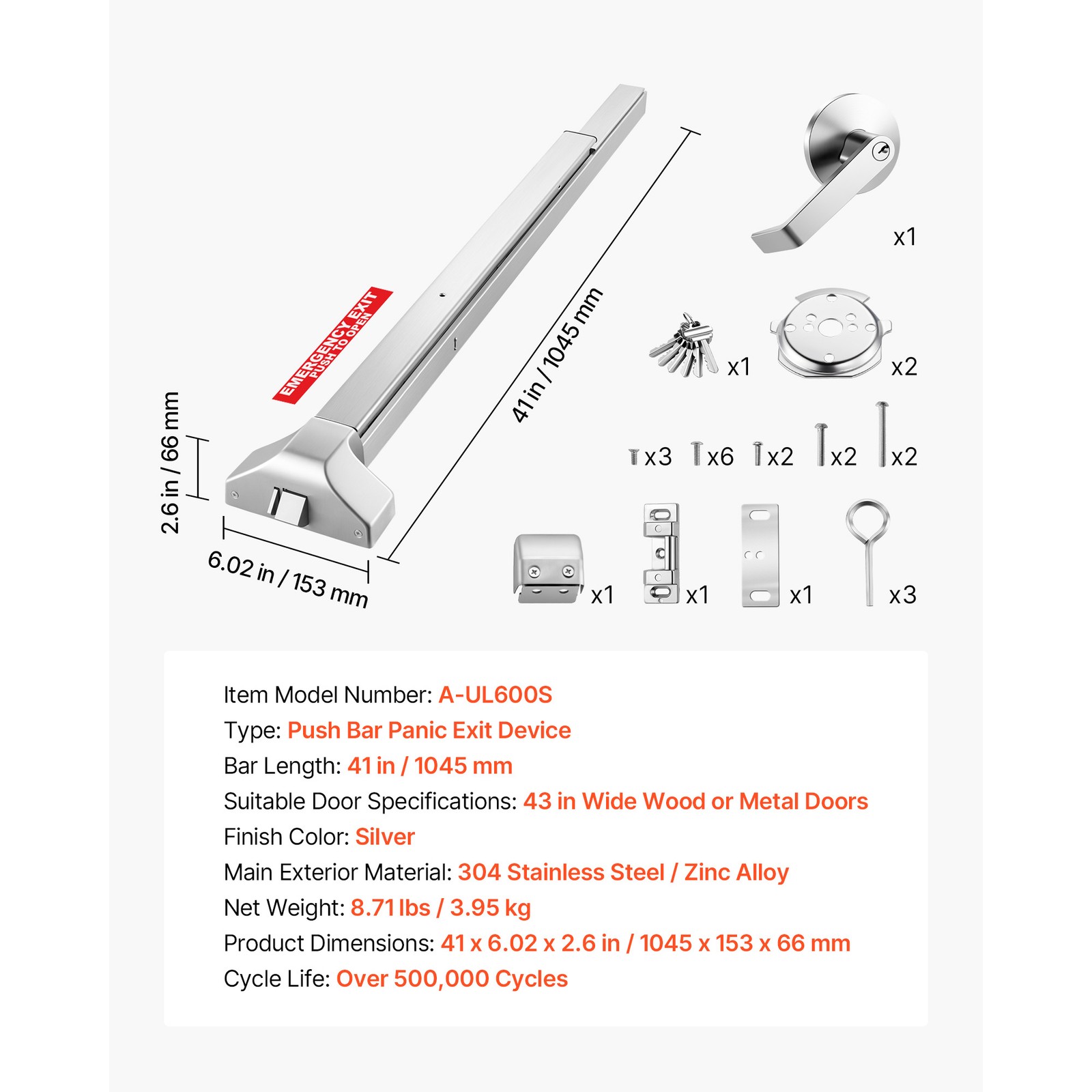 Uimoso Push Bar Exit Device with Exterior Lever for 41" Doors