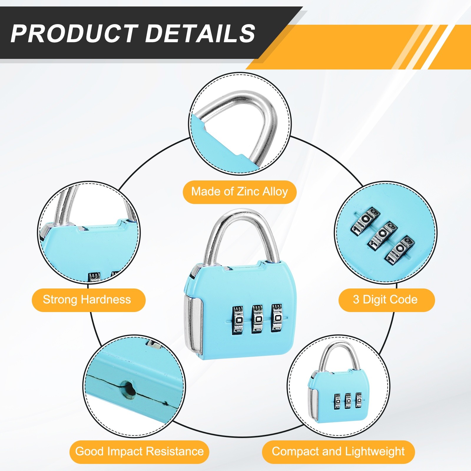 4Pcs Resettable 3 Digit Combination Lock Code Padlock, Sky Blue (47 x 36mm)