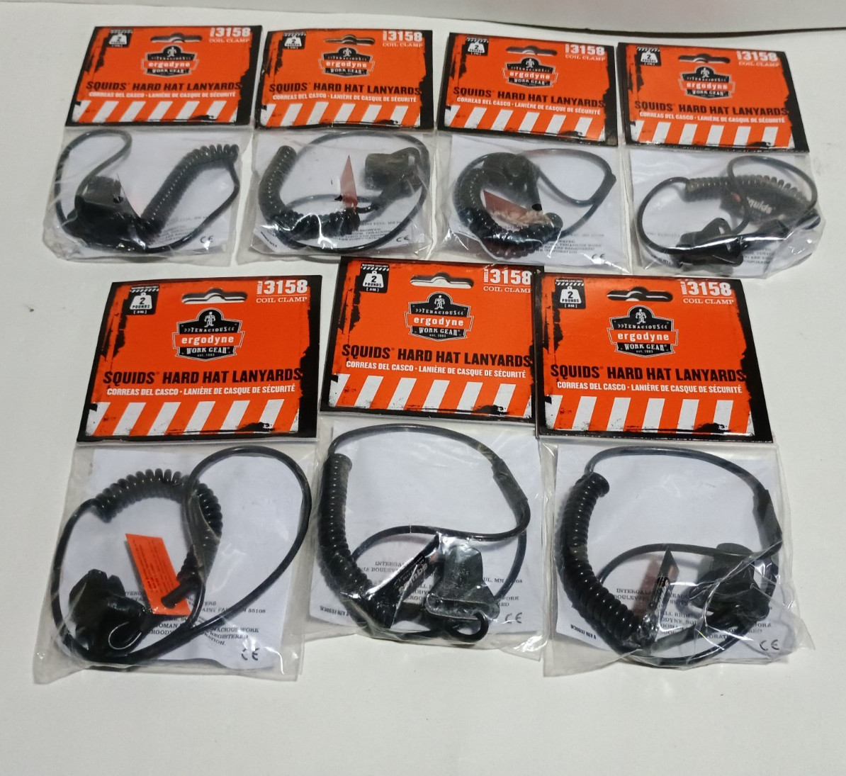 Lot of 7 Squids Black Coil Hard Hat Lanyard With Clamp Tool Lanyard | Ergodyne