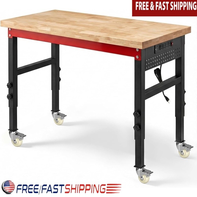 Heavy Duty Workbench Steel Frame Adjustable Height Oak Surface Garage Workshop