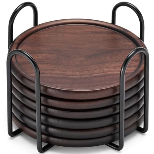 Wood Coasters with Metal Holder,  Set of 6 6 Pieces Coasters With Metal Holder