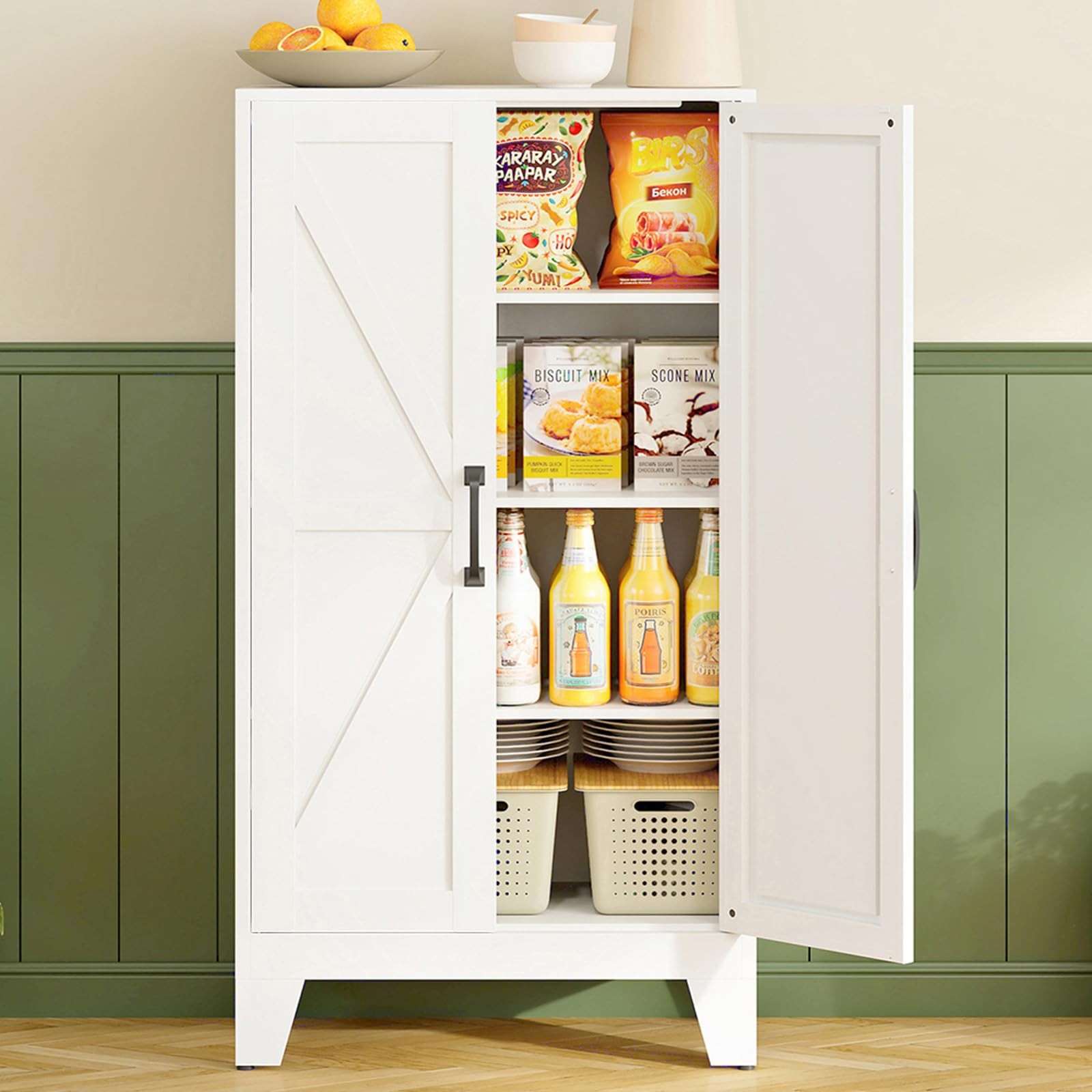 47 H Farmhouse Metal Pantry Cabinet Barn Doors Adjustable Shelves White