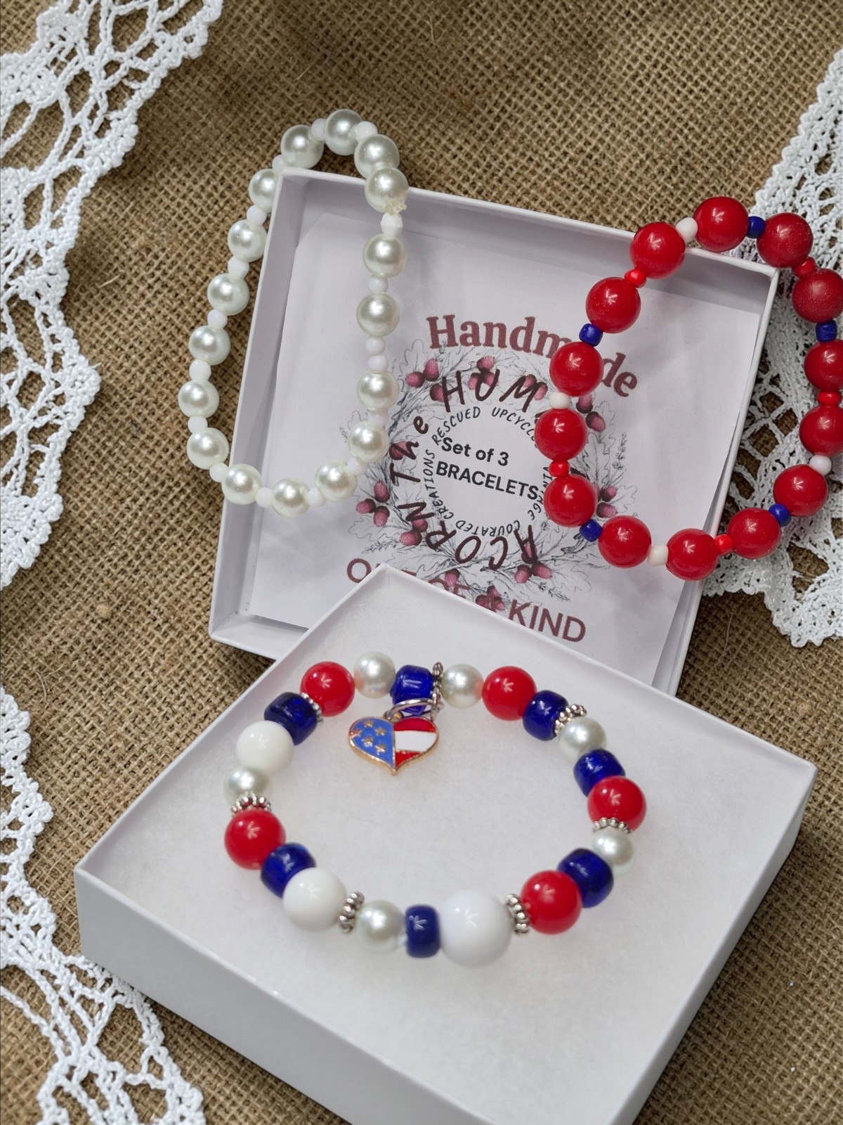 Set of 3 Patriotic Colored Stretch Stacking Bracelets Red White Blue Upcycled