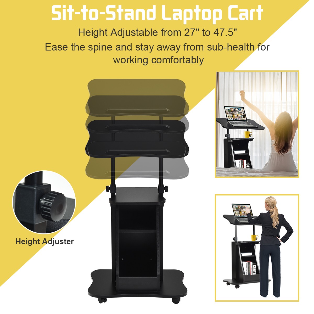 Sit-to-Stand Adjustable Laptop Desk Cart Rolling Mobile Features Storage Black