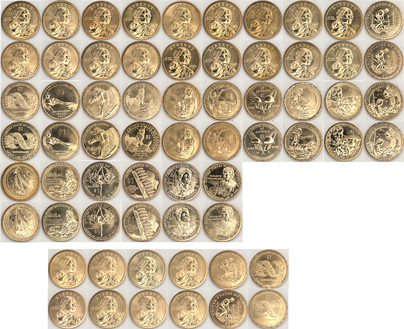 2000 - 2026 Sacagawea Native American 66 Coin PD BU & Satin US Mint Roll Set