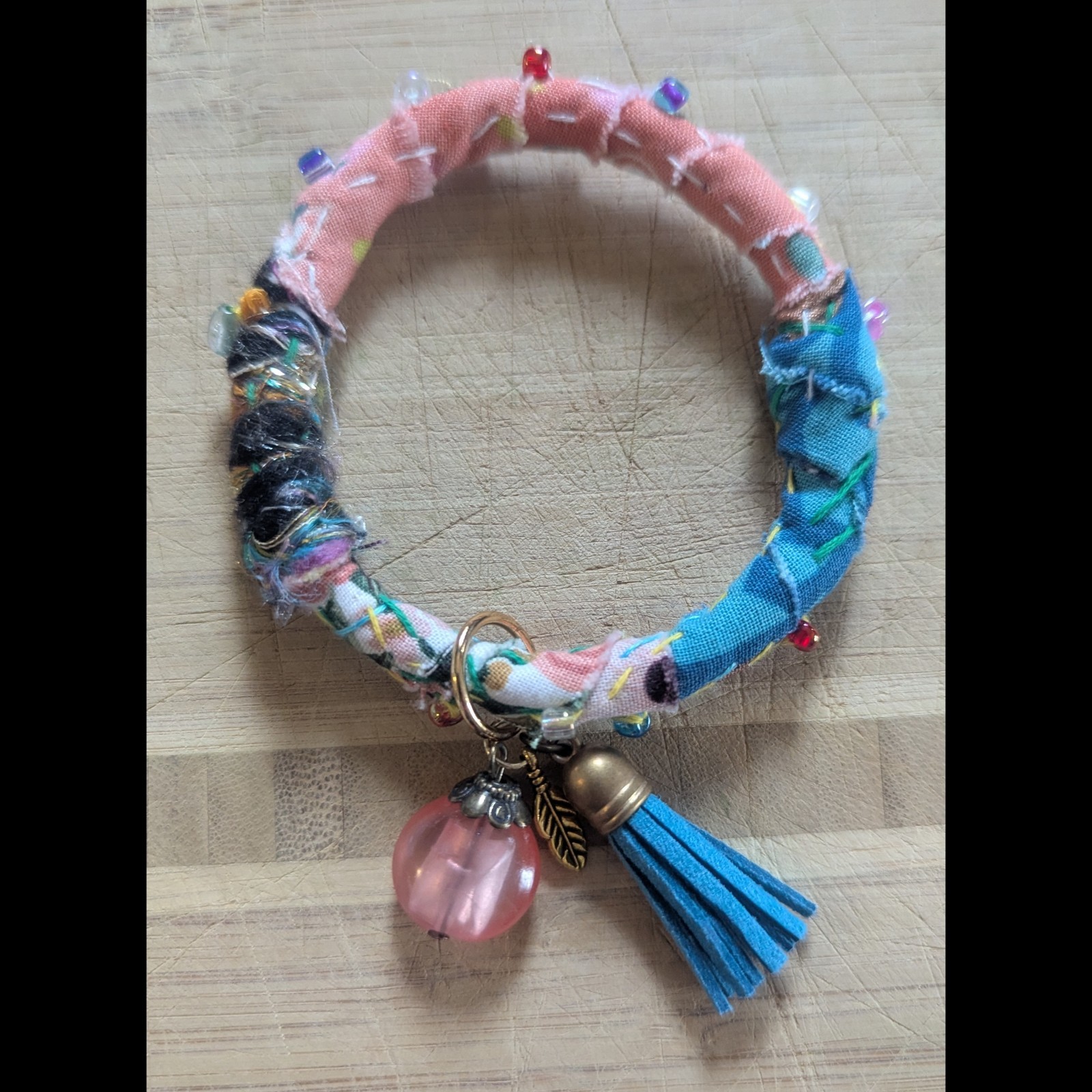 Handcrafted Bracelet With India Fabric + Beads Charms Beautiful Upcycled Jewelry