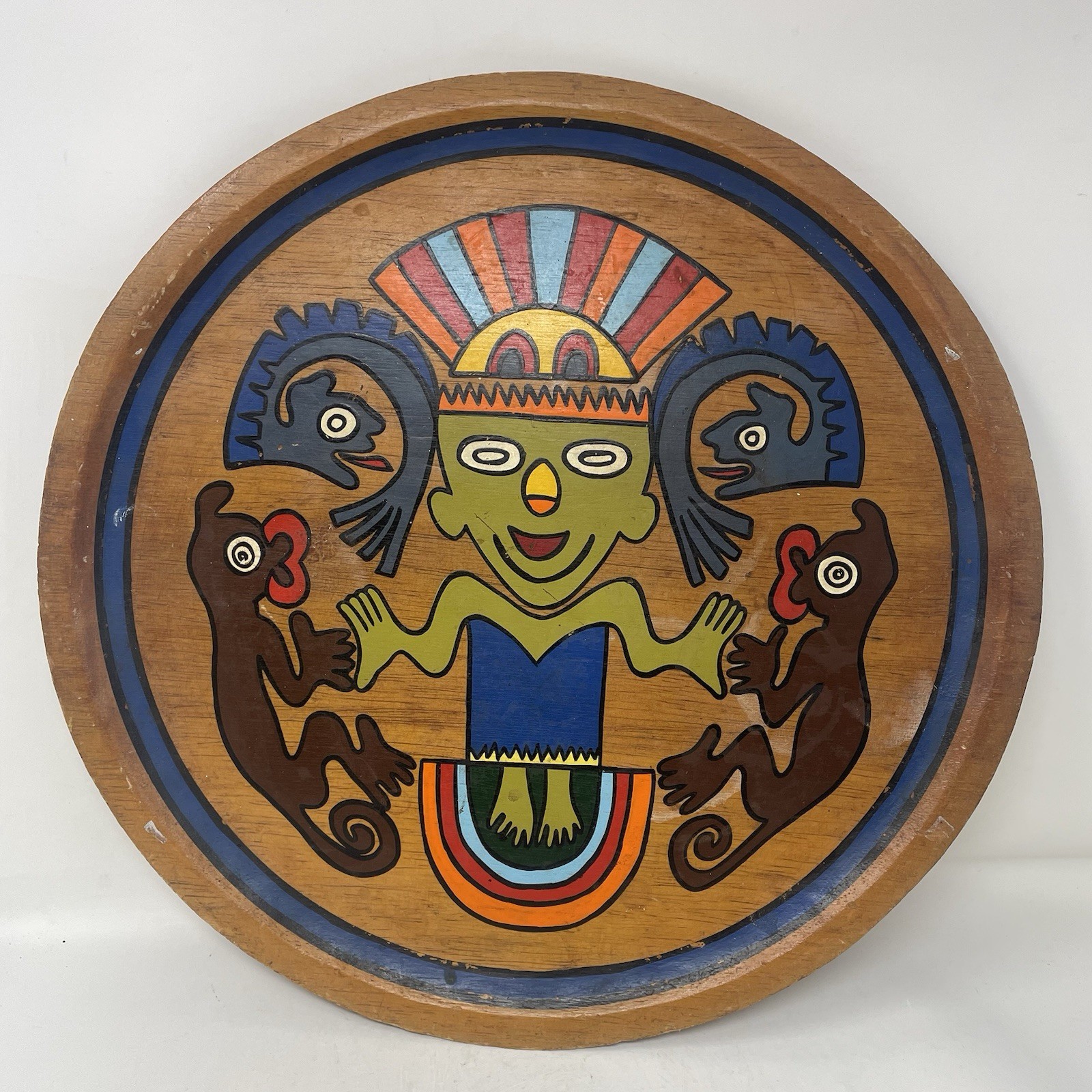 VINTAGE PANAMA COCLE INDIAN WOODEN TRAY/PLATE FERTILITY GOD HAND PAINTED MCM ART