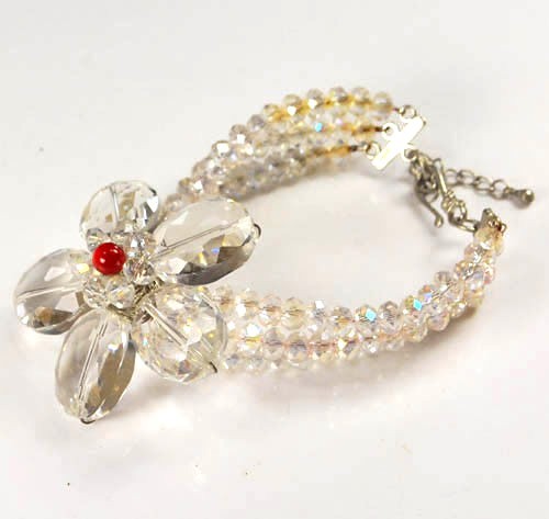 3 Strands Crystal & Large Flower Pendant Bracelet 7.5"-9.5" Fashion Jewelry