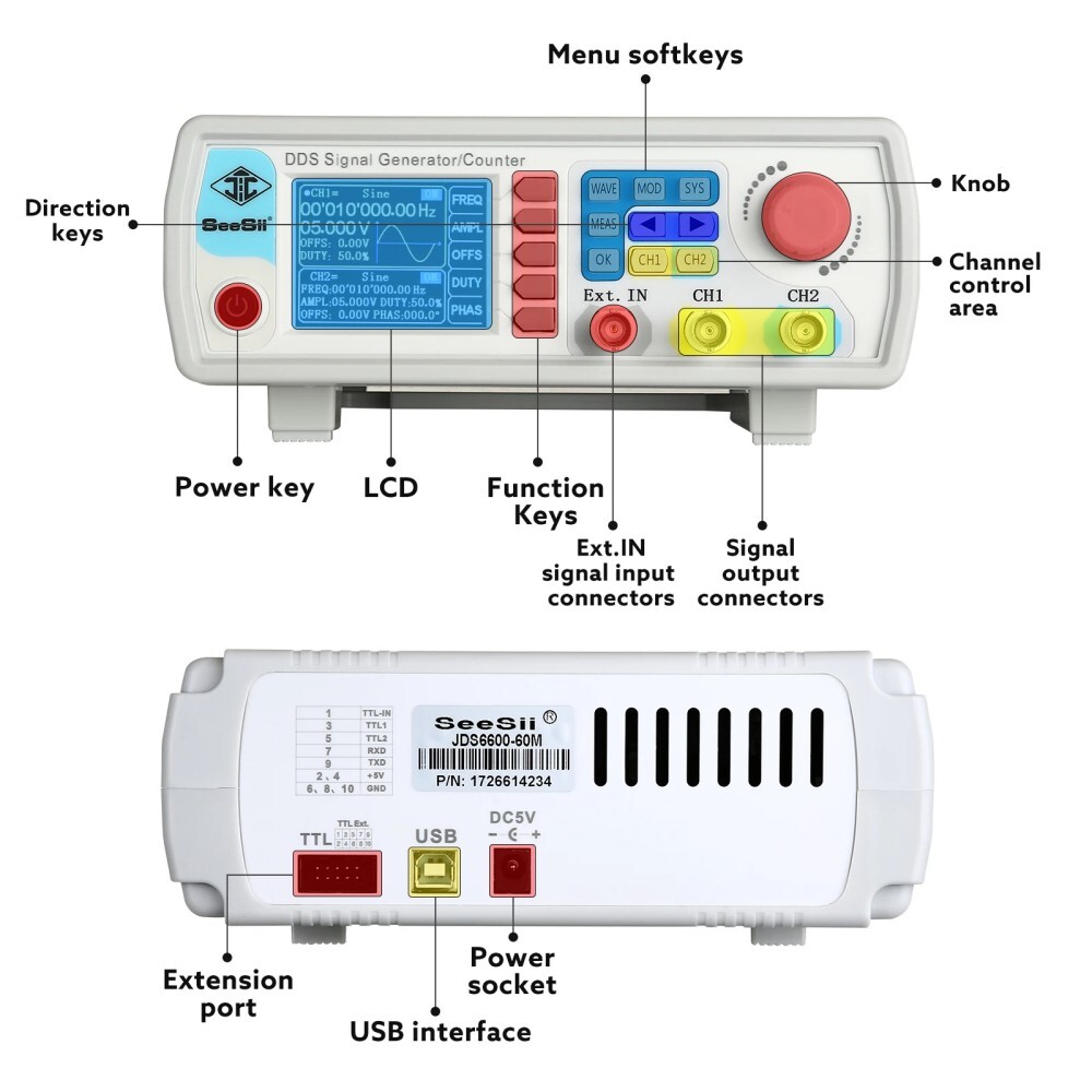 SeeSii DDS Signal Generator Counter 60MHz 200MSa/s Function Frequency Meter