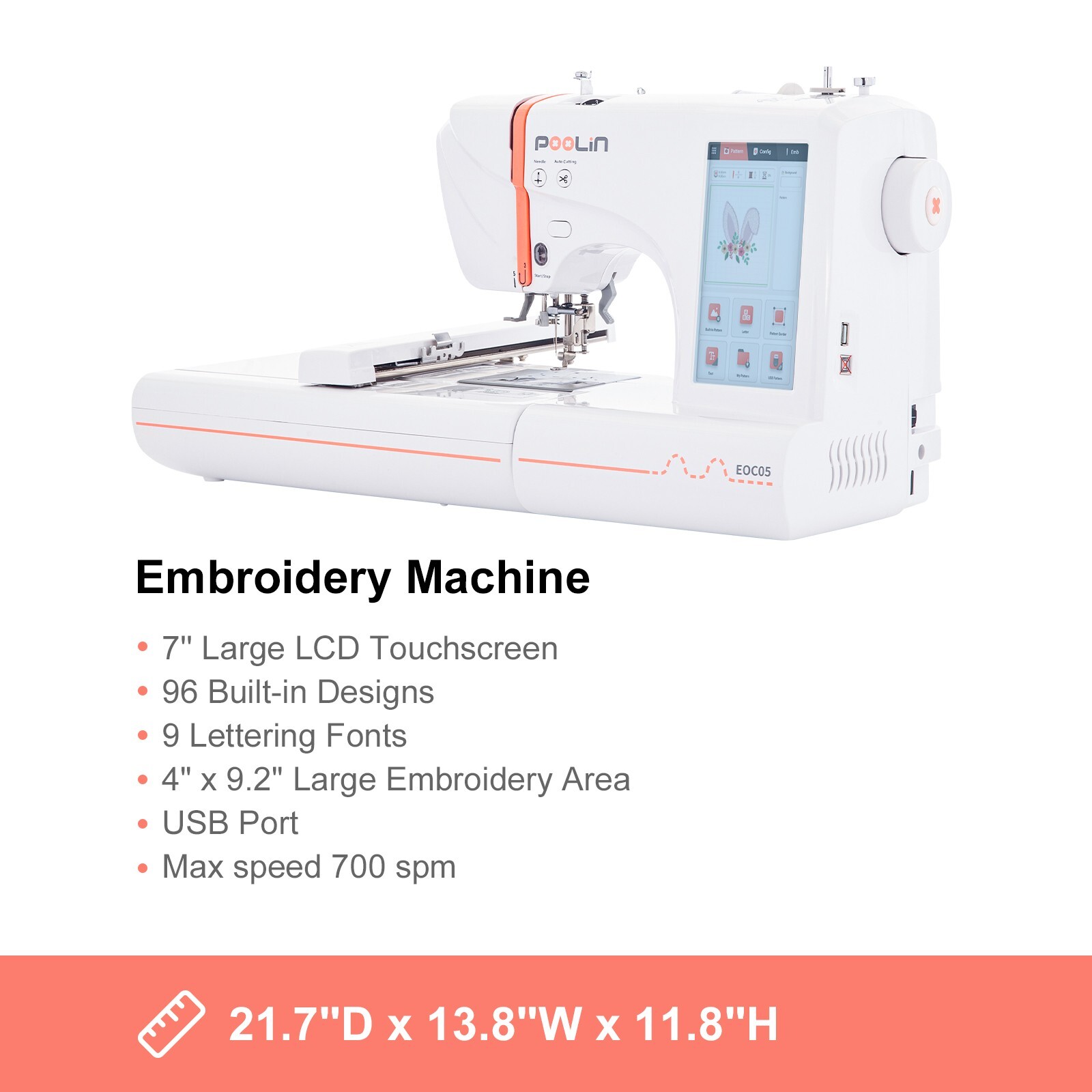 Poolin EOC05 4 x 9in Embroidery Machine Computerized 7in Large LCD Touch Screen