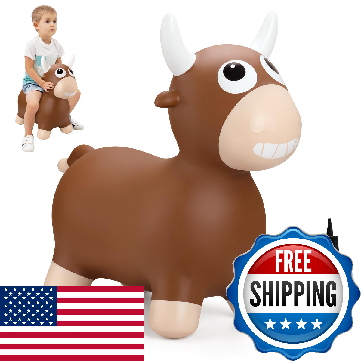 ZOOJOY Bouncy Bull Hopping Toy - Inflatable Brown Horse Animal Hopper