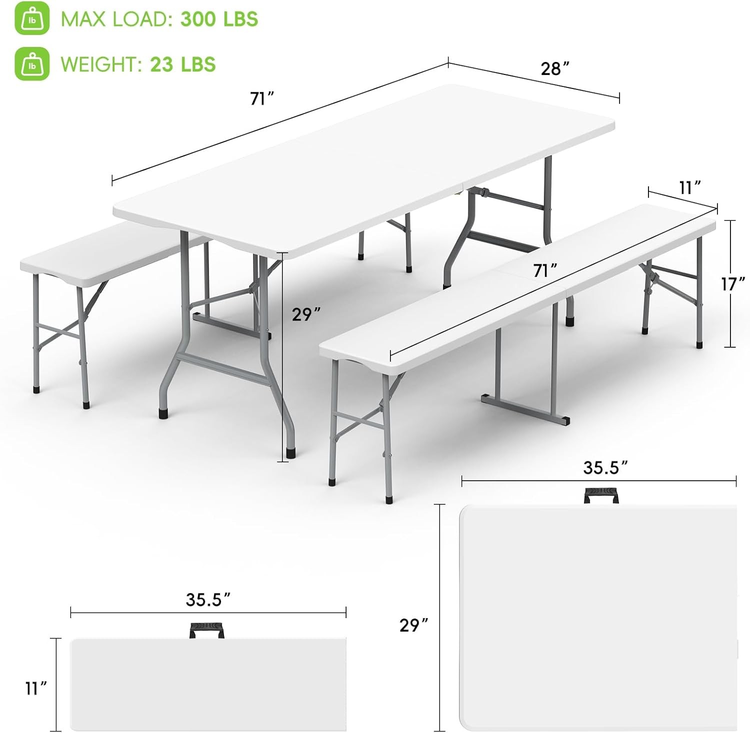 6ft Folding Picnic Table with 2 Benches Portable White