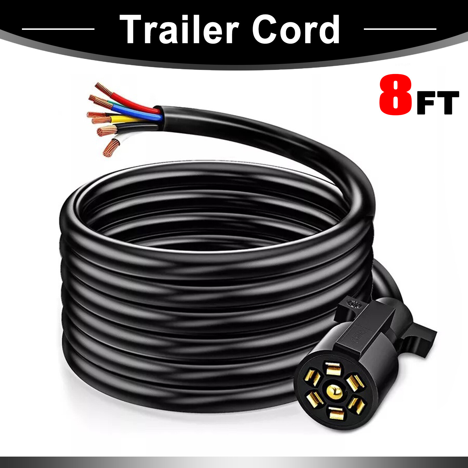 8 Feet 7 Way 7 Pin Trailer Cord Universal Plug Wire Harness Cable Extension Cord