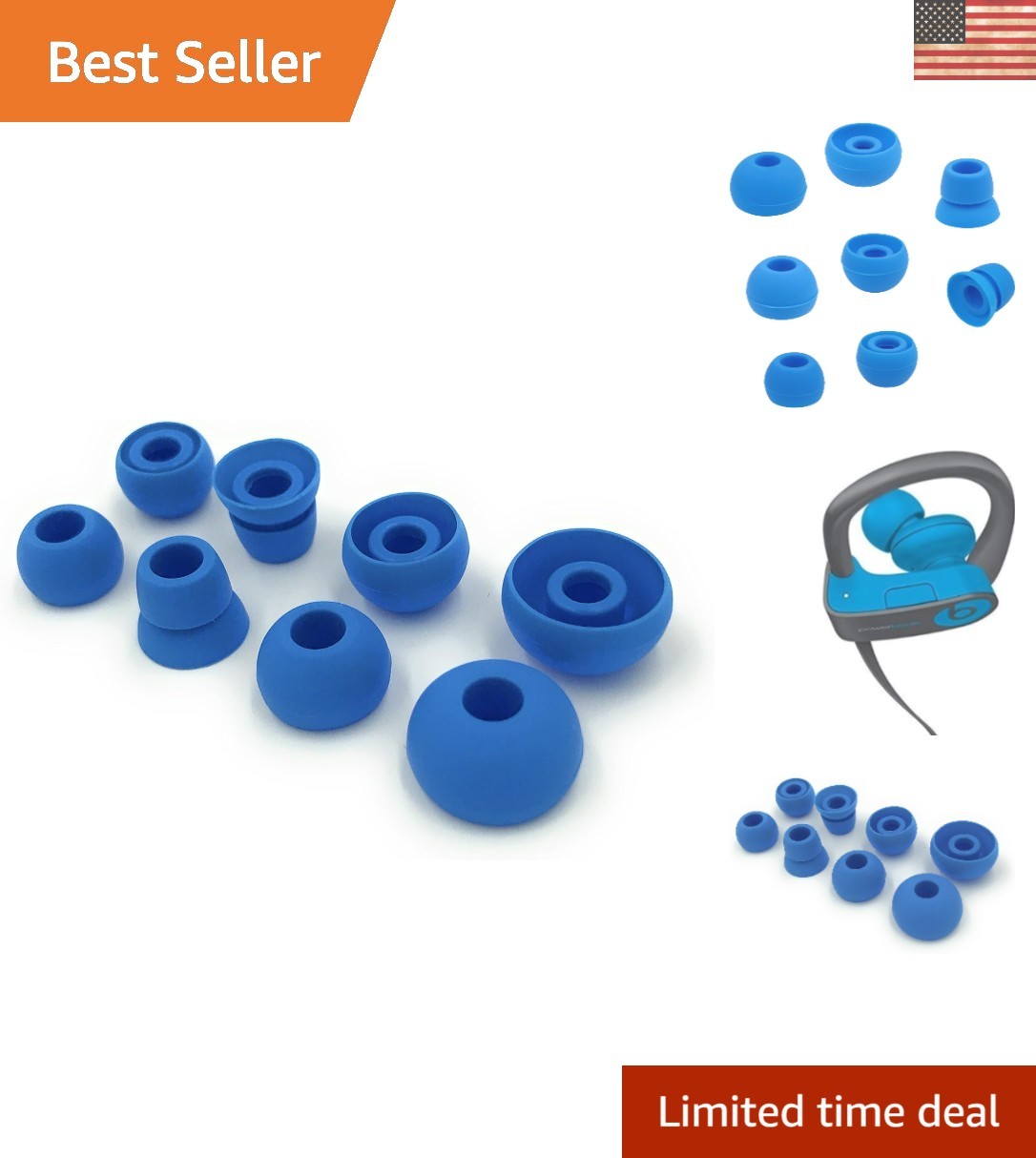 Comfortable Blue Replacement Ear Tips for Beats Powerbeats – 4 Sizes Included