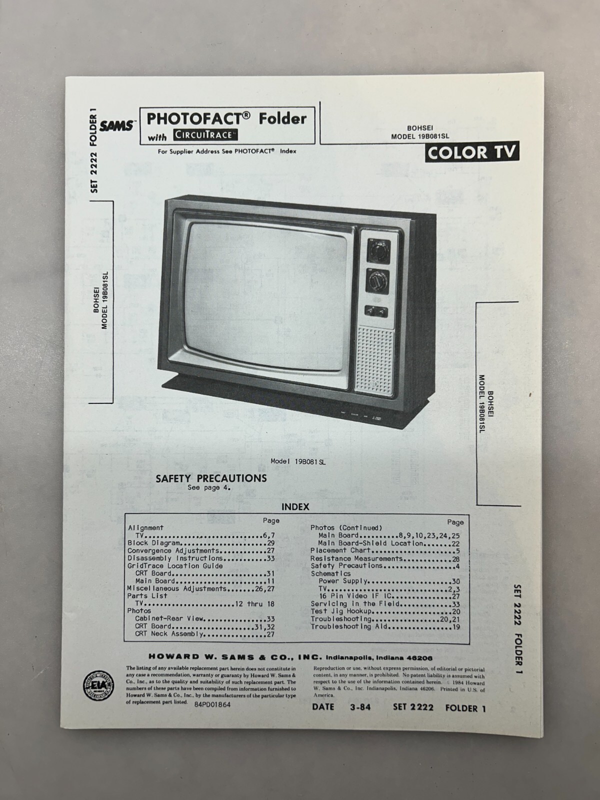 Bohsei 19B081SL Service Manual Sams Photofact Free Shipping